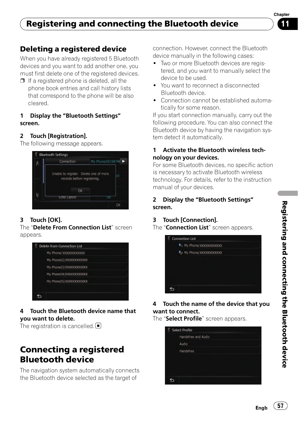 Deleting a registered device 57, Connecting a registered bluetooth, Device | Deleting a registered, Connecting a registered bluetooth device, Registering and connecting the bluetooth device | Pioneer AVIC-F10BT User Manual | Page 57 / 180