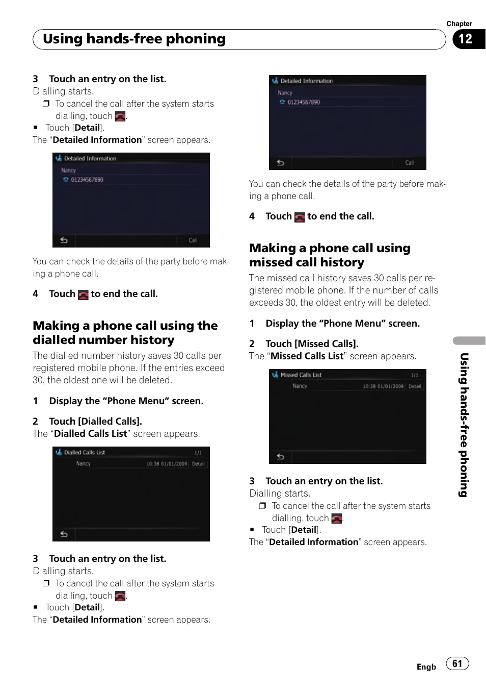 Making a phone call using the dialled, Number history, Making a phone call using missed call | History, Using hands-free phoning, Making a phone call using missed call history | Pioneer AVIC-F10BT User Manual | Page 61 / 180