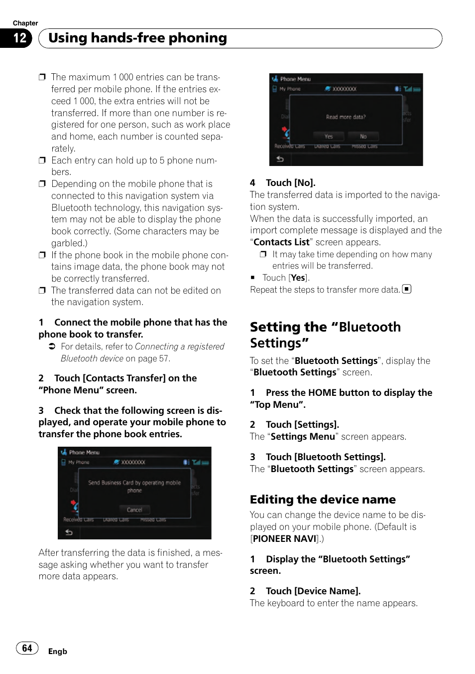 Setting the, Bluetooth settings” 64, Editing the device name 64 | Setting the “bluetooth settings, Using hands-free phoning | Pioneer AVIC-F10BT User Manual | Page 64 / 180