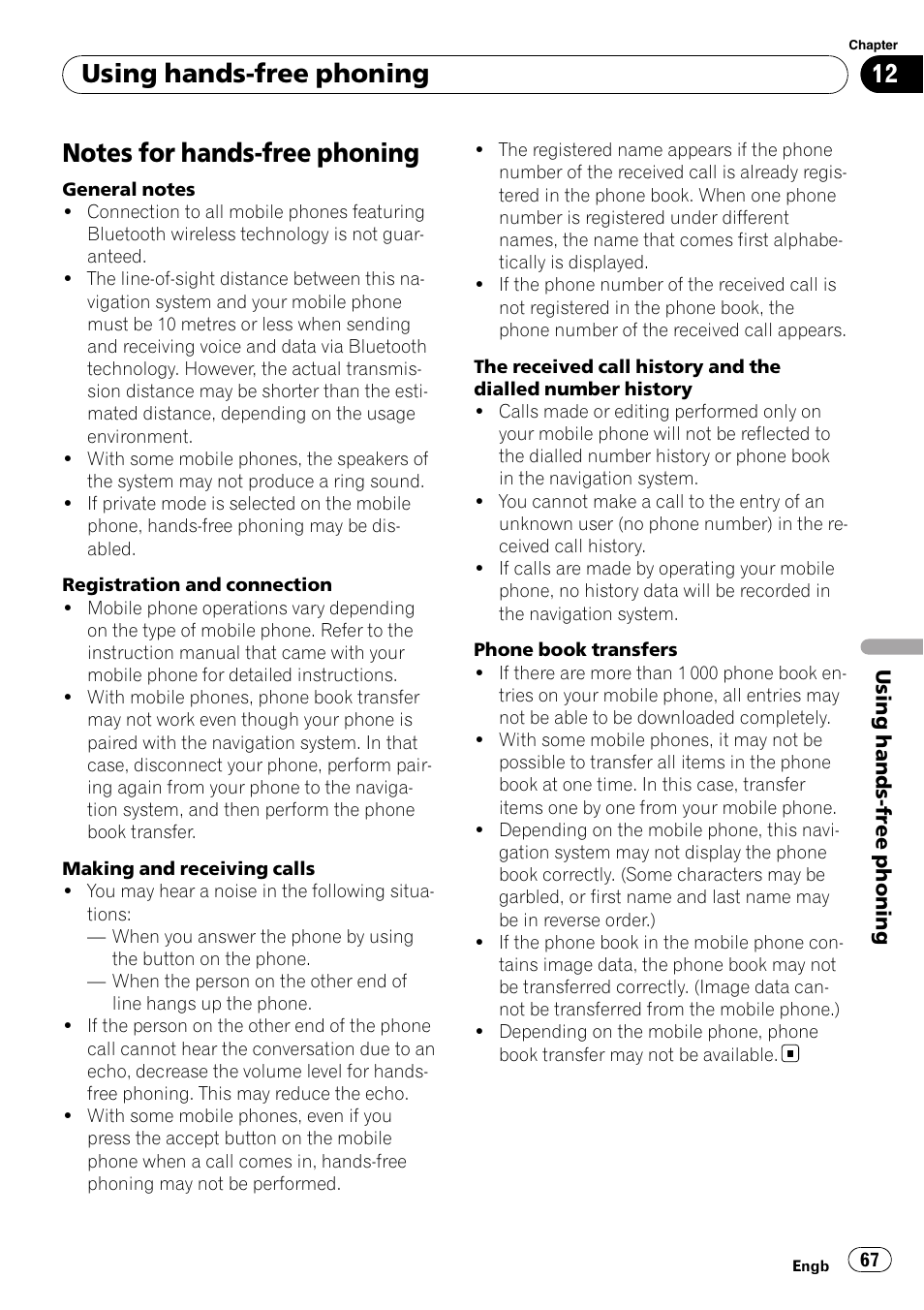 Notes for hands-free phoning, Notes for hands-free, Using hands-free phoning | Pioneer AVIC-F10BT User Manual | Page 67 / 180