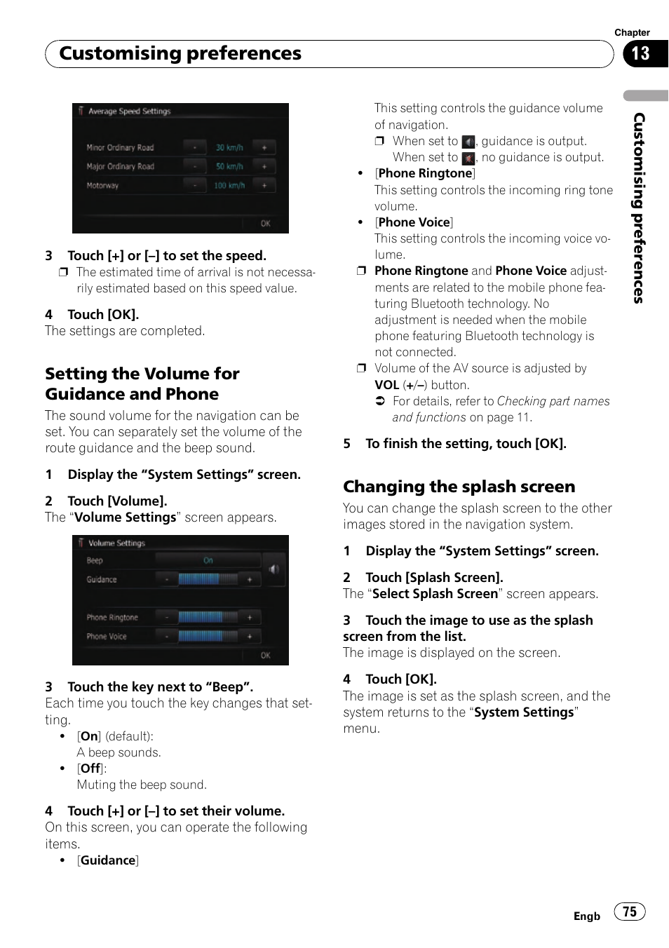 Setting the volume for guidance and, Phone, Changing the splash screen 75 | Customising preferences, Setting the volume for guidance and phone, Changing the splash screen | Pioneer AVIC-F10BT User Manual | Page 75 / 180