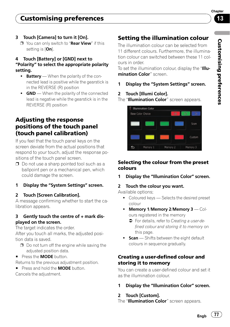 Adjusting the response positions of the, Touch panel (touch panel calibration), Setting the illumination colour 77 | Customising preferences, Setting the illumination colour | Pioneer AVIC-F10BT User Manual | Page 77 / 180