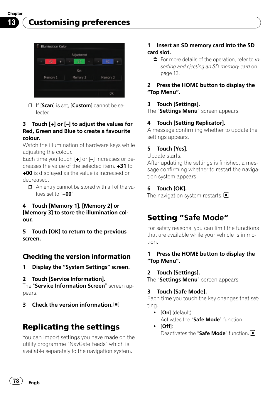 Checking the version information 78, Replicating the settings, Setting | Safe mode” 78, Setting “safe mode, Customising preferences, Checking the version information | Pioneer AVIC-F10BT User Manual | Page 78 / 180