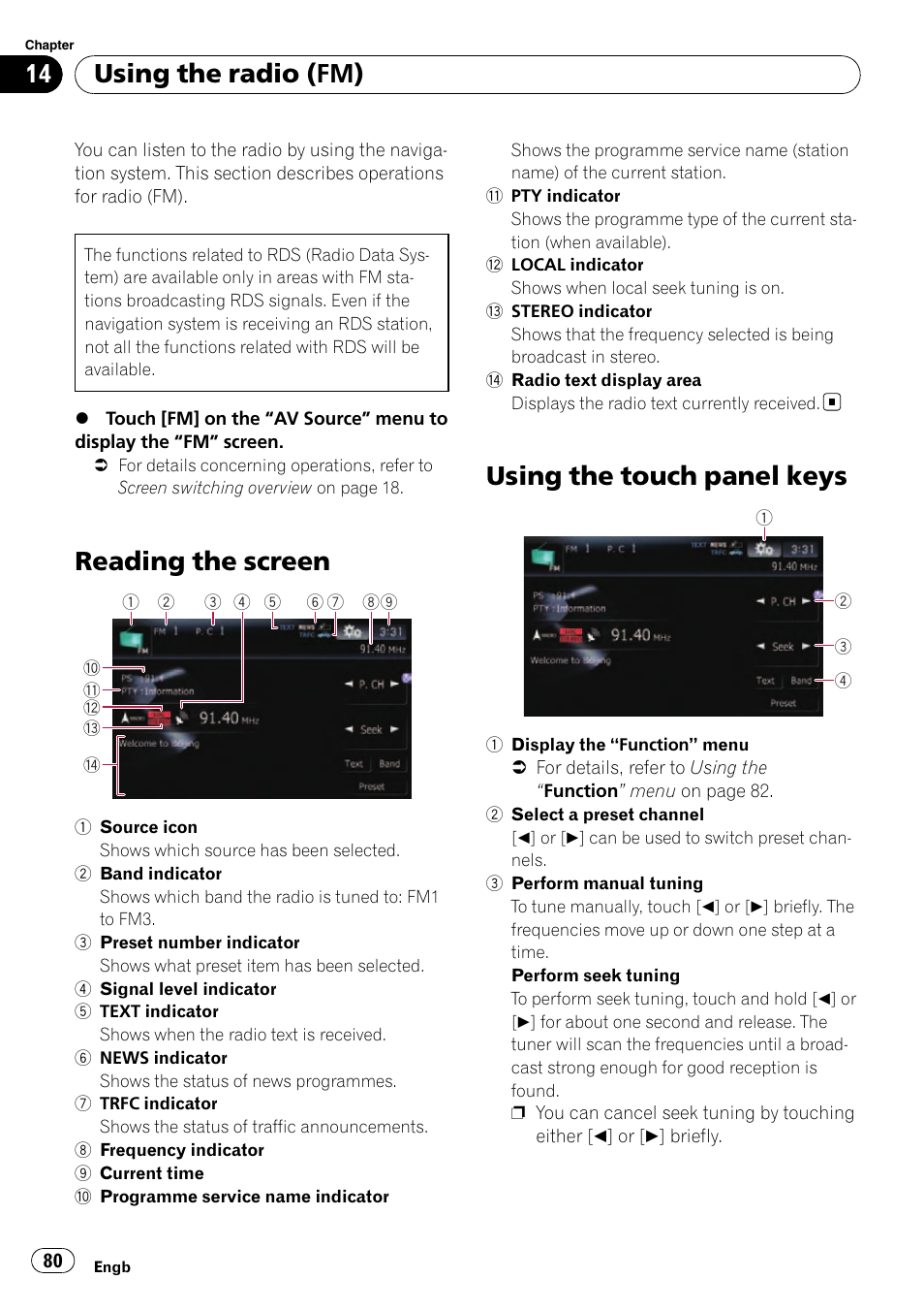 Using the radio (fm) reading the screen, Using the touch panel keys, Reading the screen | Using the radio (fm) | Pioneer AVIC-F10BT User Manual | Page 80 / 180