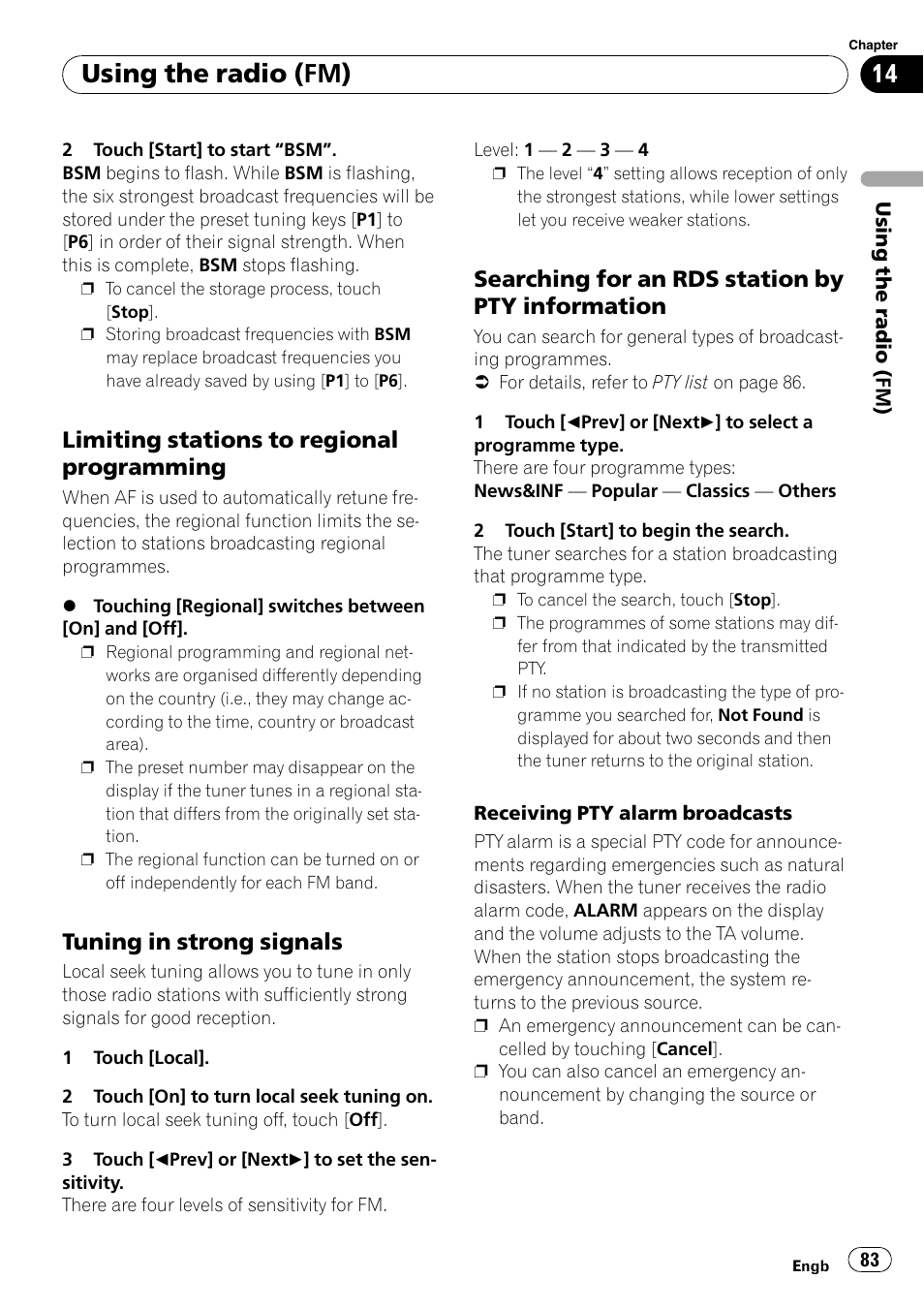 Limiting stations to regional, Programming, Tuning in strong signals 83 | Searching for an rds station by pty, Information, Using the radio (fm), Limiting stations to regional programming, Tuning in strong signals, Searching for an rds station by pty information | Pioneer AVIC-F10BT User Manual | Page 83 / 180