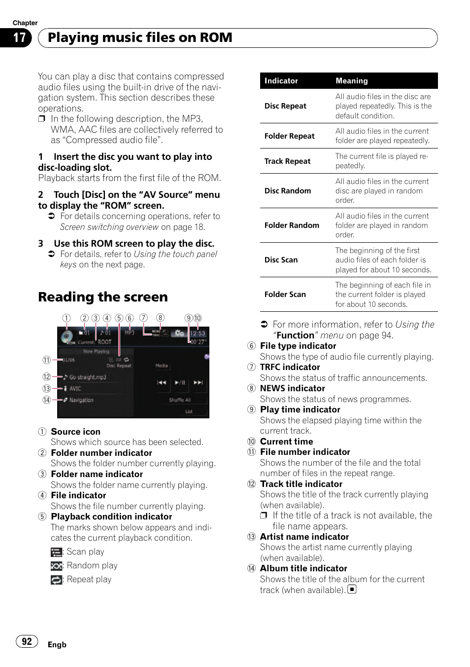 Playing music files on rom reading the screen, Reading the screen, Playing music files on rom | Pioneer AVIC-F10BT User Manual | Page 92 / 180