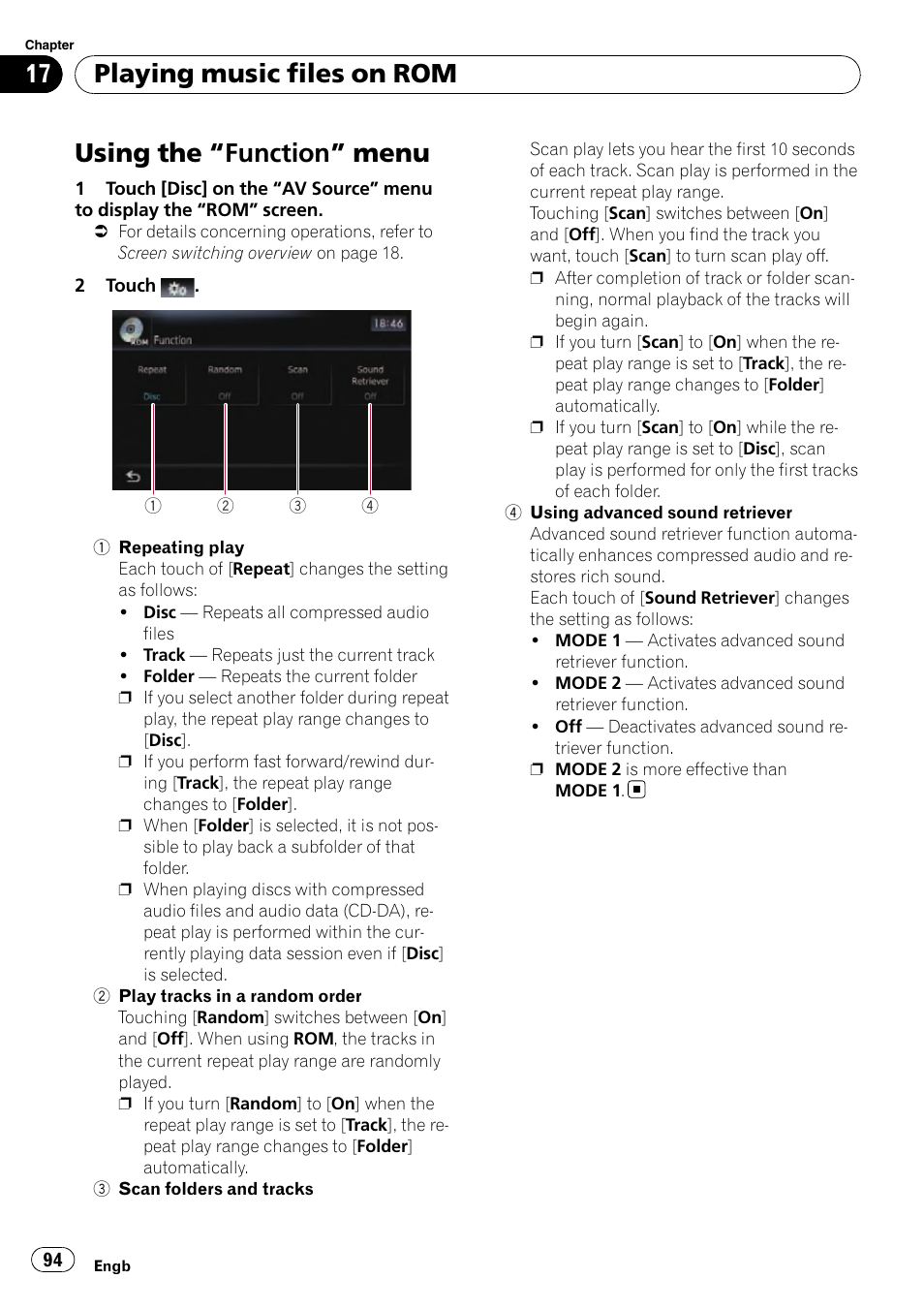 Using the, Function” menu 94, Using the “function” menu | Playing music files on rom | Pioneer AVIC-F10BT User Manual | Page 94 / 180