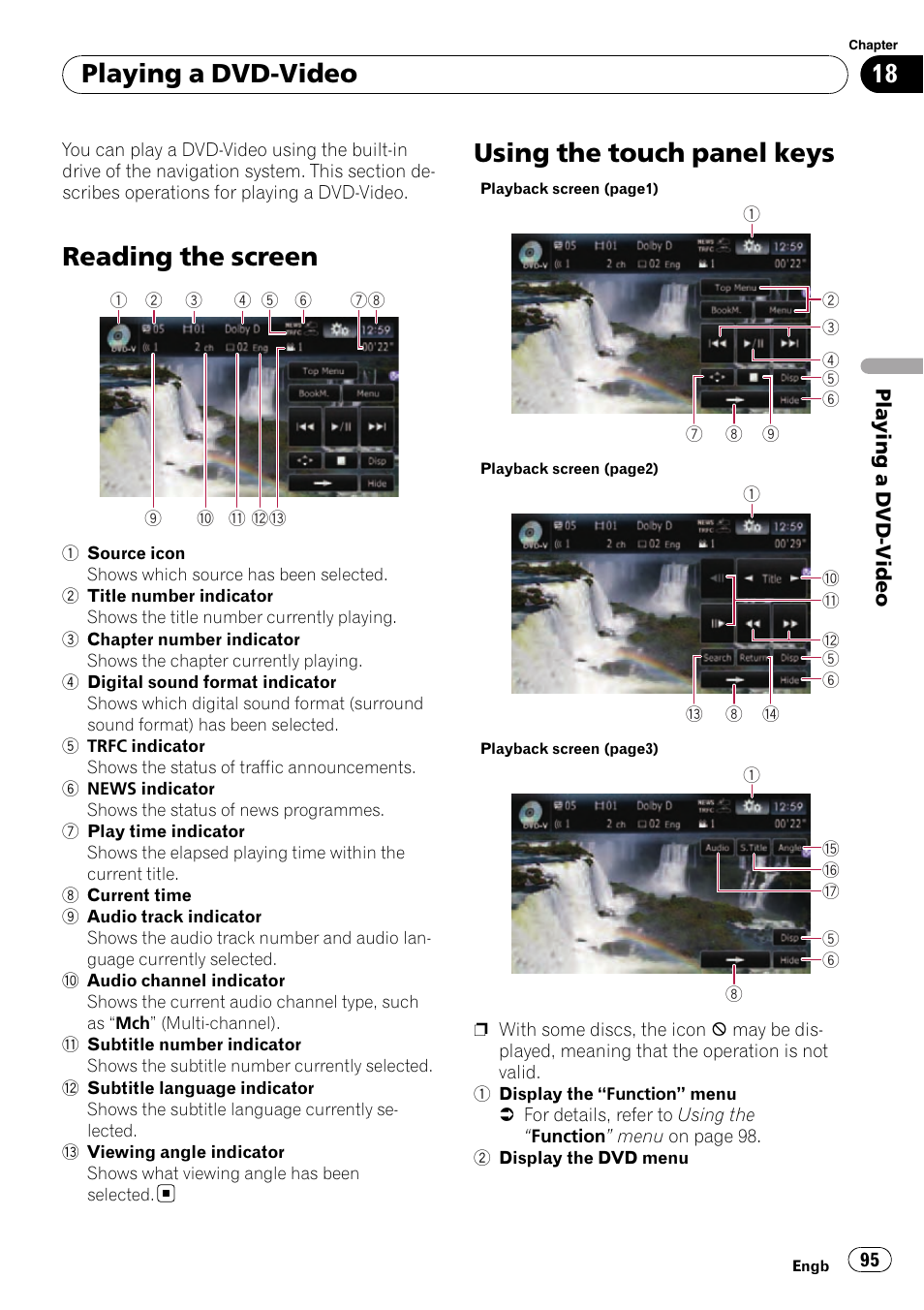 Playing a dvd-video reading the screen, Using the touch panel keys, Reading the screen | Playing a dvd-video | Pioneer AVIC-F10BT User Manual | Page 95 / 180