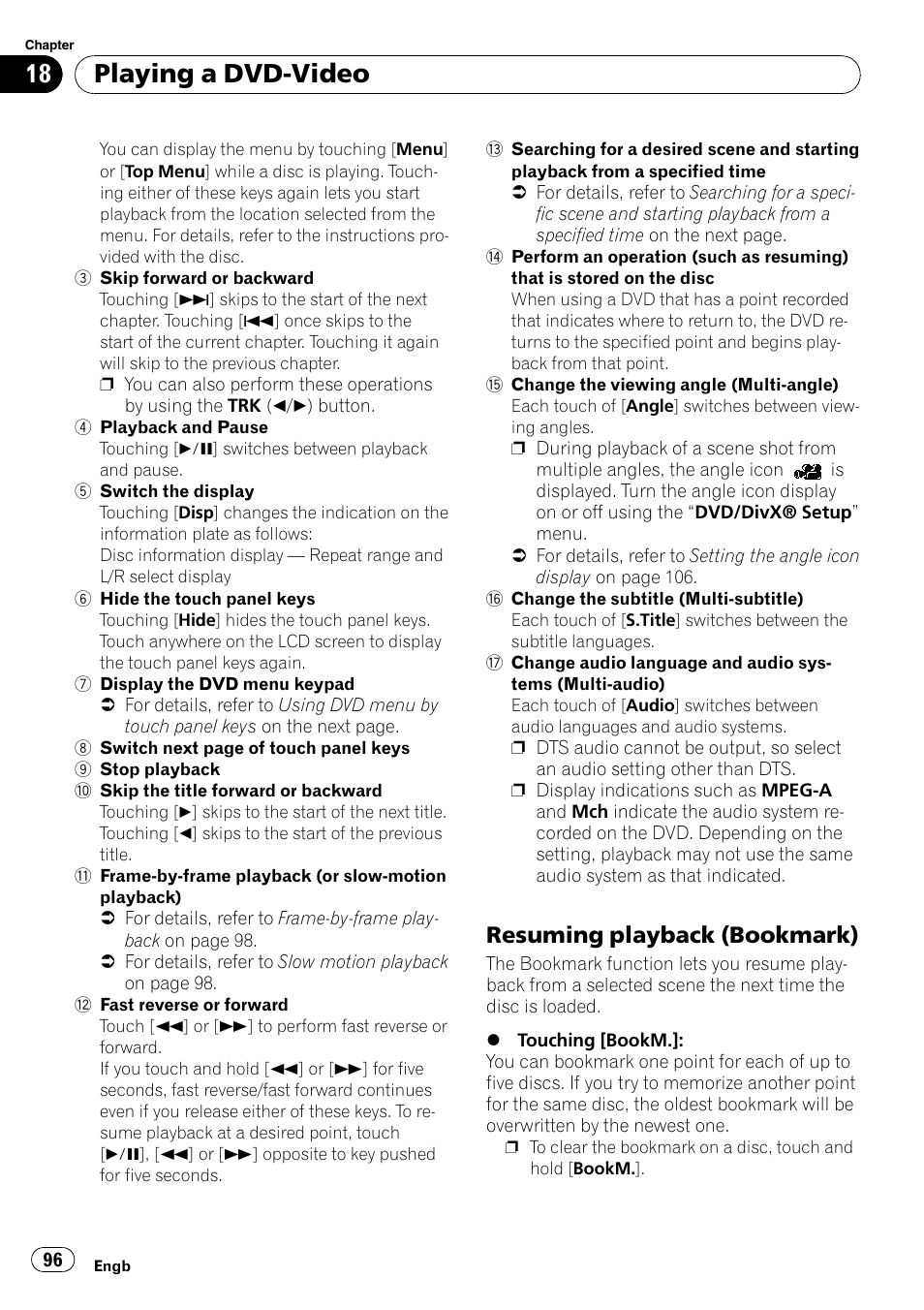 Resuming playback (bookmark) 96, Playing a dvd-video, Resuming playback (bookmark) | Pioneer AVIC-F10BT User Manual | Page 96 / 180