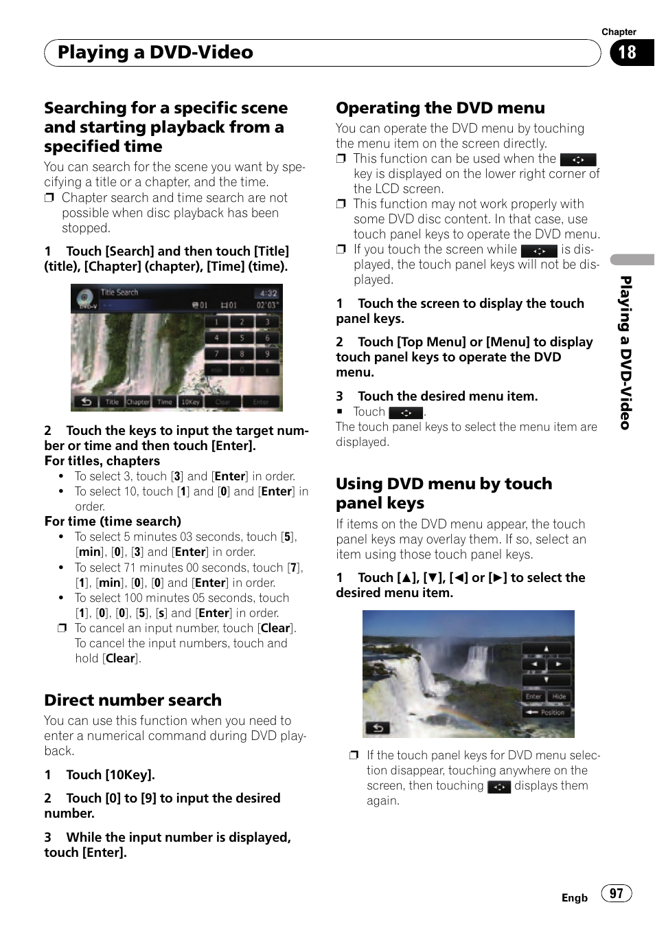Searching for a specific scene and, Starting playback from a specified time, Direct number search 97 | Operating the dvd menu 97, Using dvd menu by touch panel, Keys, Using dvd menu by, Searching for a speci, Playing a dvd-video, Direct number search | Pioneer AVIC-F10BT User Manual | Page 97 / 180