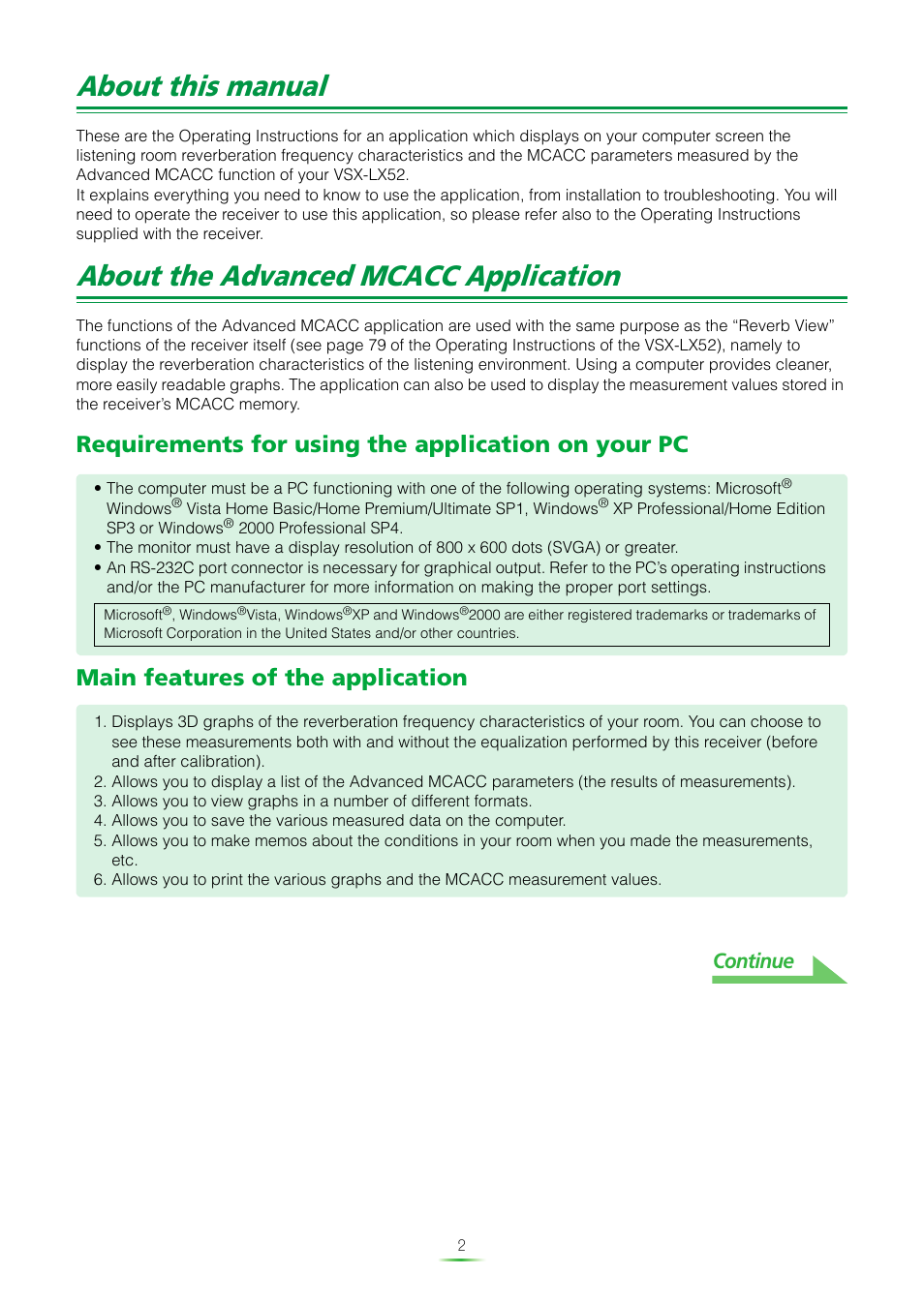 About this manual, About the advanced mcacc application, Requirements for using the application on your pc | Main features of the application, Continue | Pioneer VSX-LX52 User Manual | Page 2 / 35