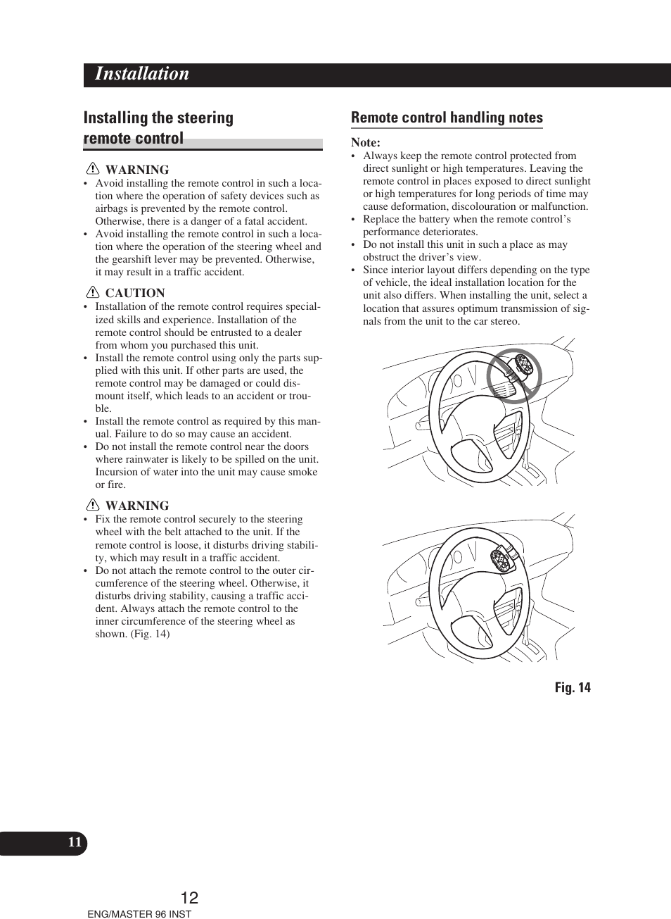 Installing the steering remote control, Installation | Pioneer DEH-P70BT User Manual | Page 12 / 86