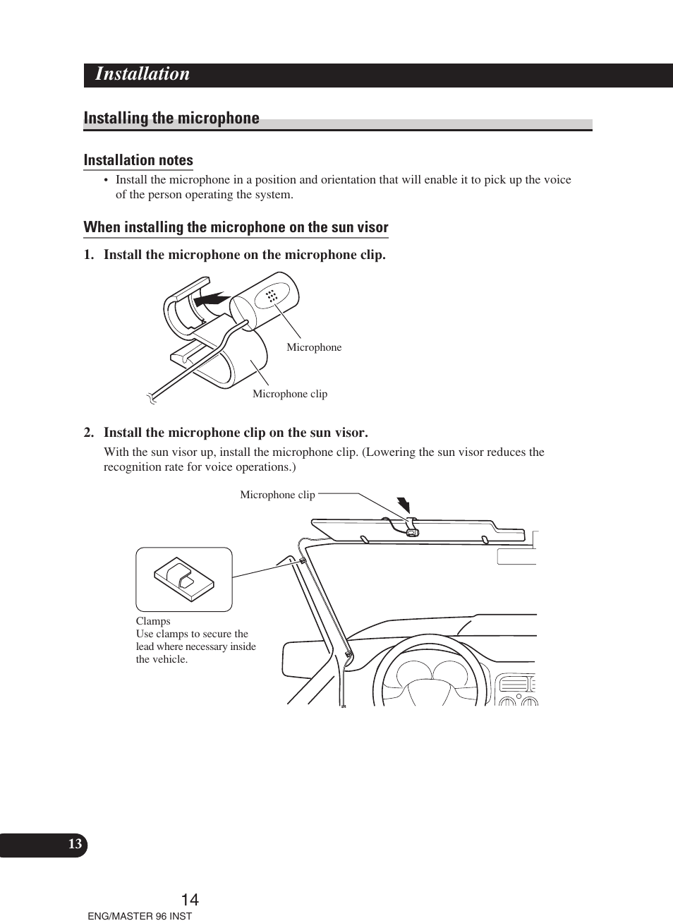 Installing the microphone, Installation | Pioneer DEH-P70BT User Manual | Page 14 / 86