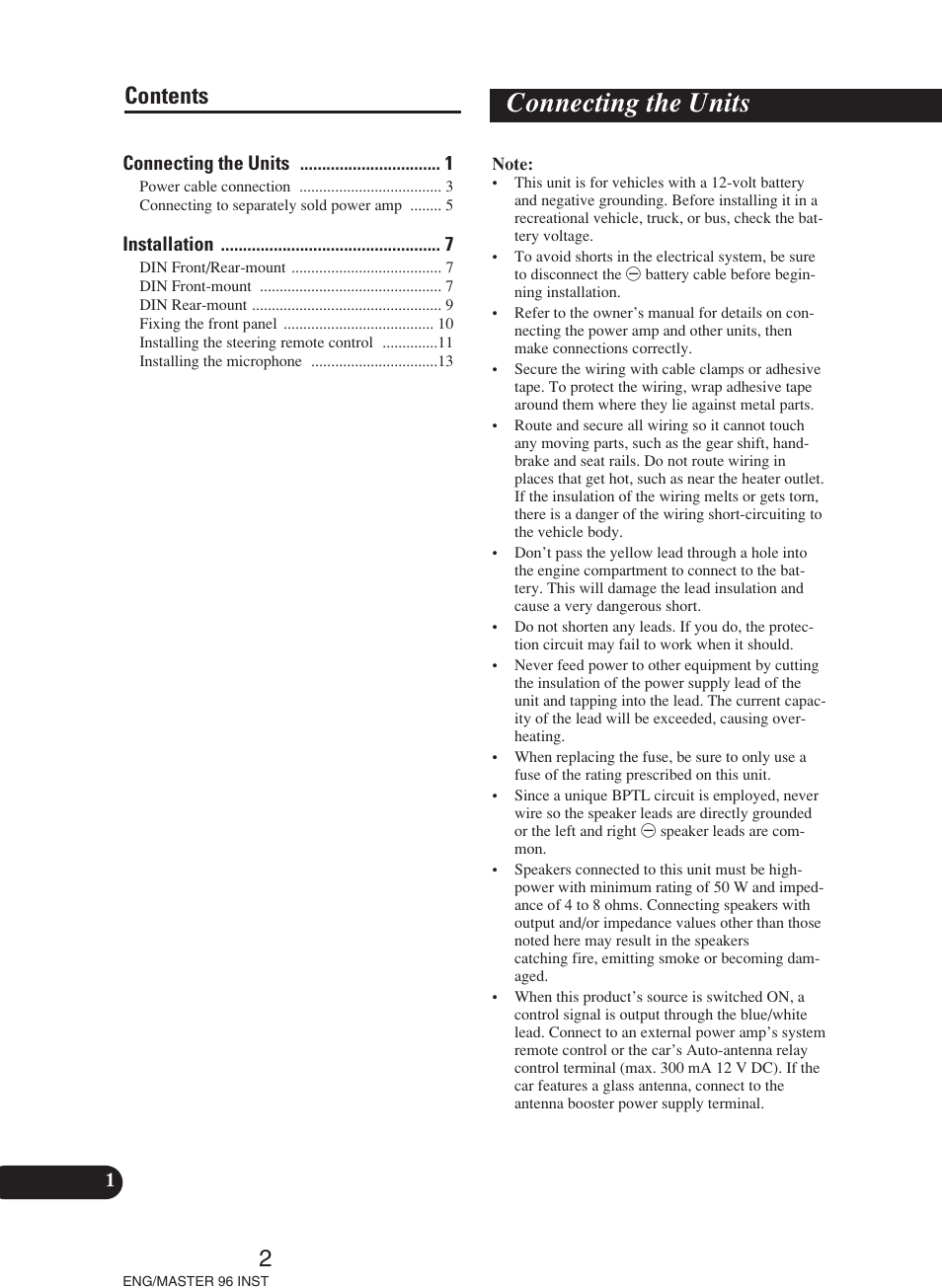 English, Connecting the units, 2contents | Pioneer DEH-P70BT User Manual | Page 2 / 86