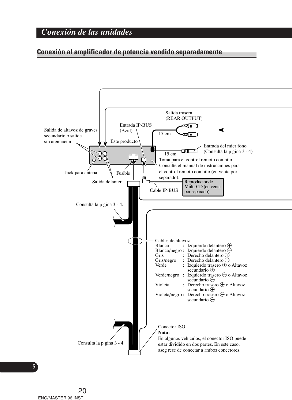 Conexión al amplificador de potencia vendido, Separadamente, Conexión de las unidades | Pioneer DEH-P70BT User Manual | Page 20 / 86