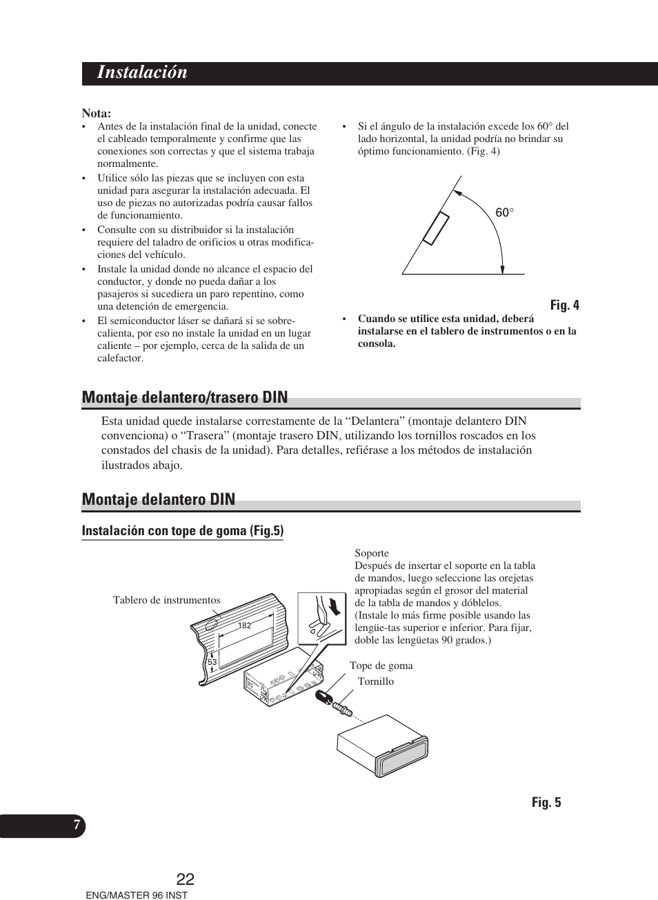 Instalación, A title (english), 22 montaje delantero/trasero din | Montaje delantero din | Pioneer DEH-P70BT User Manual | Page 22 / 86