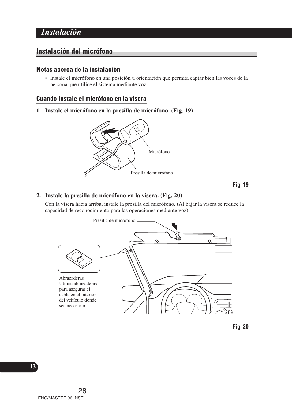 Instalación del micrófono, Instalación | Pioneer DEH-P70BT User Manual | Page 28 / 86
