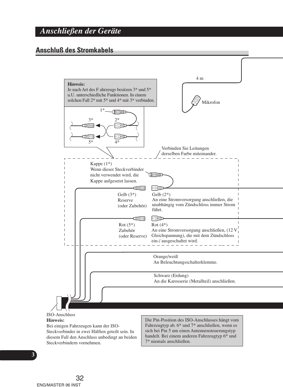 Anschluß des stromkabels, Anschließen der geräte | Pioneer DEH-P70BT User Manual | Page 32 / 86
