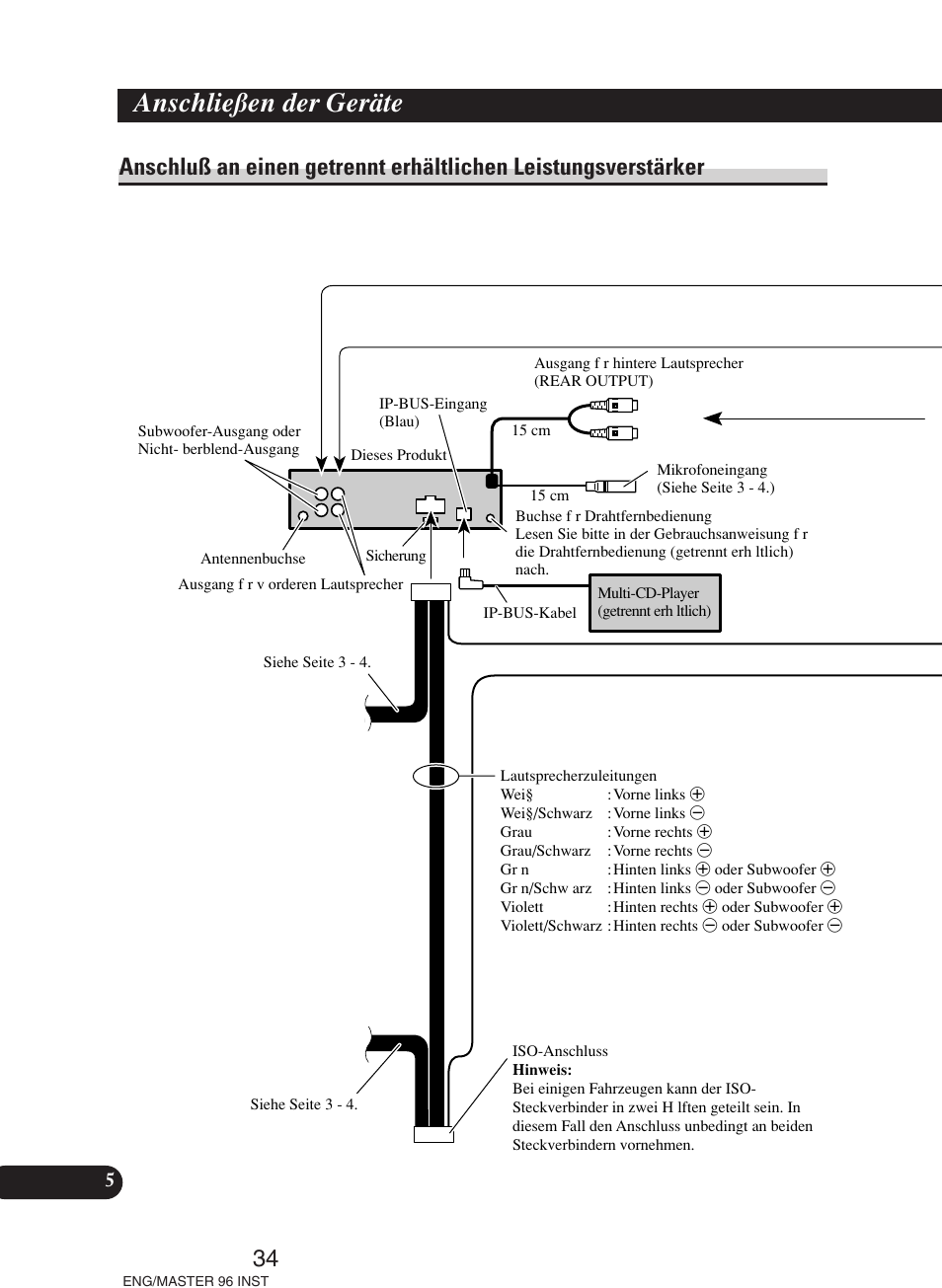 Anschluß an einen getrennt erhältlichen, Leistungsverstärker, Anschließen der geräte | Pioneer DEH-P70BT User Manual | Page 34 / 86