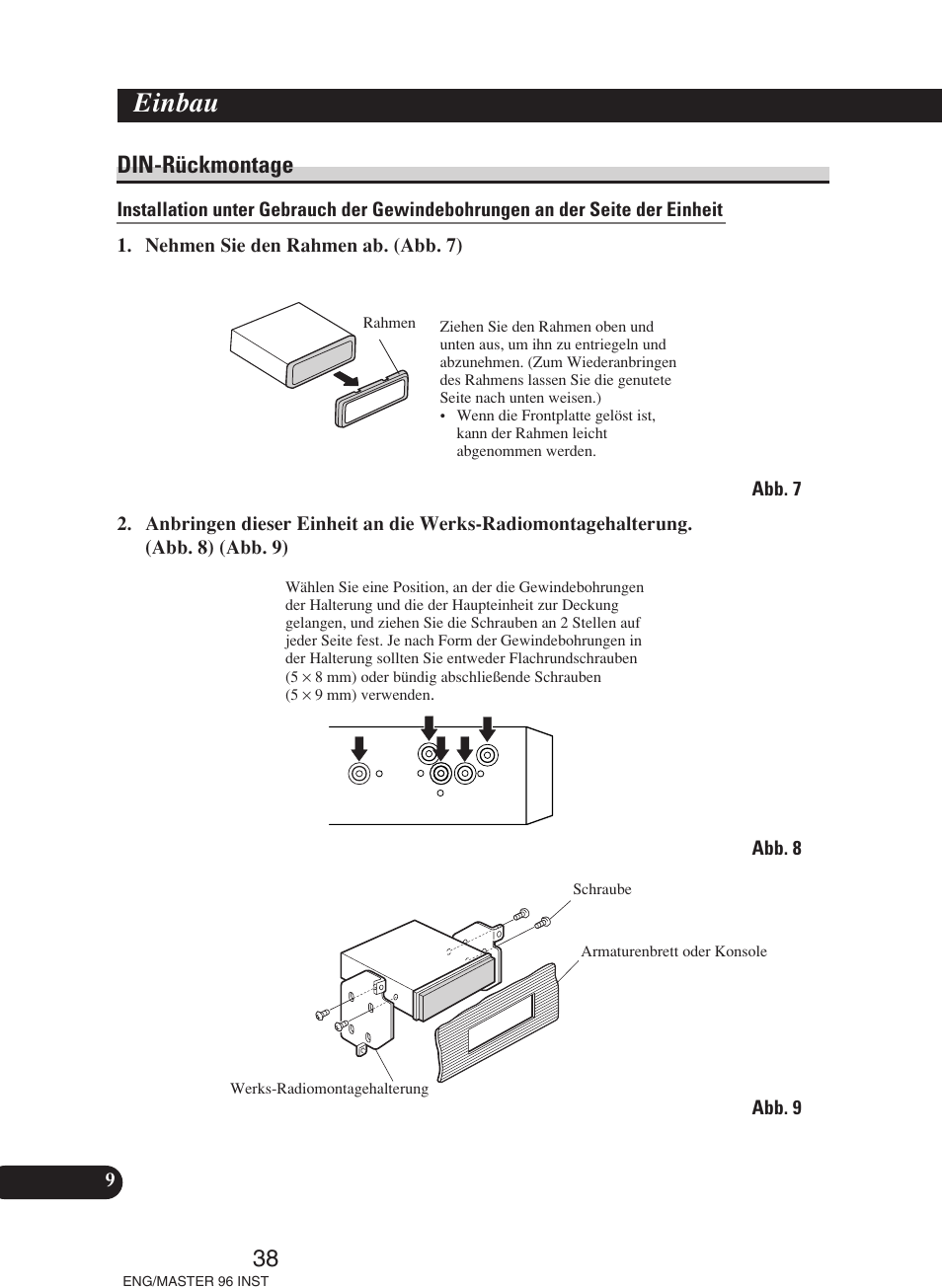 Din-rückmontage, Einbau | Pioneer DEH-P70BT User Manual | Page 38 / 86