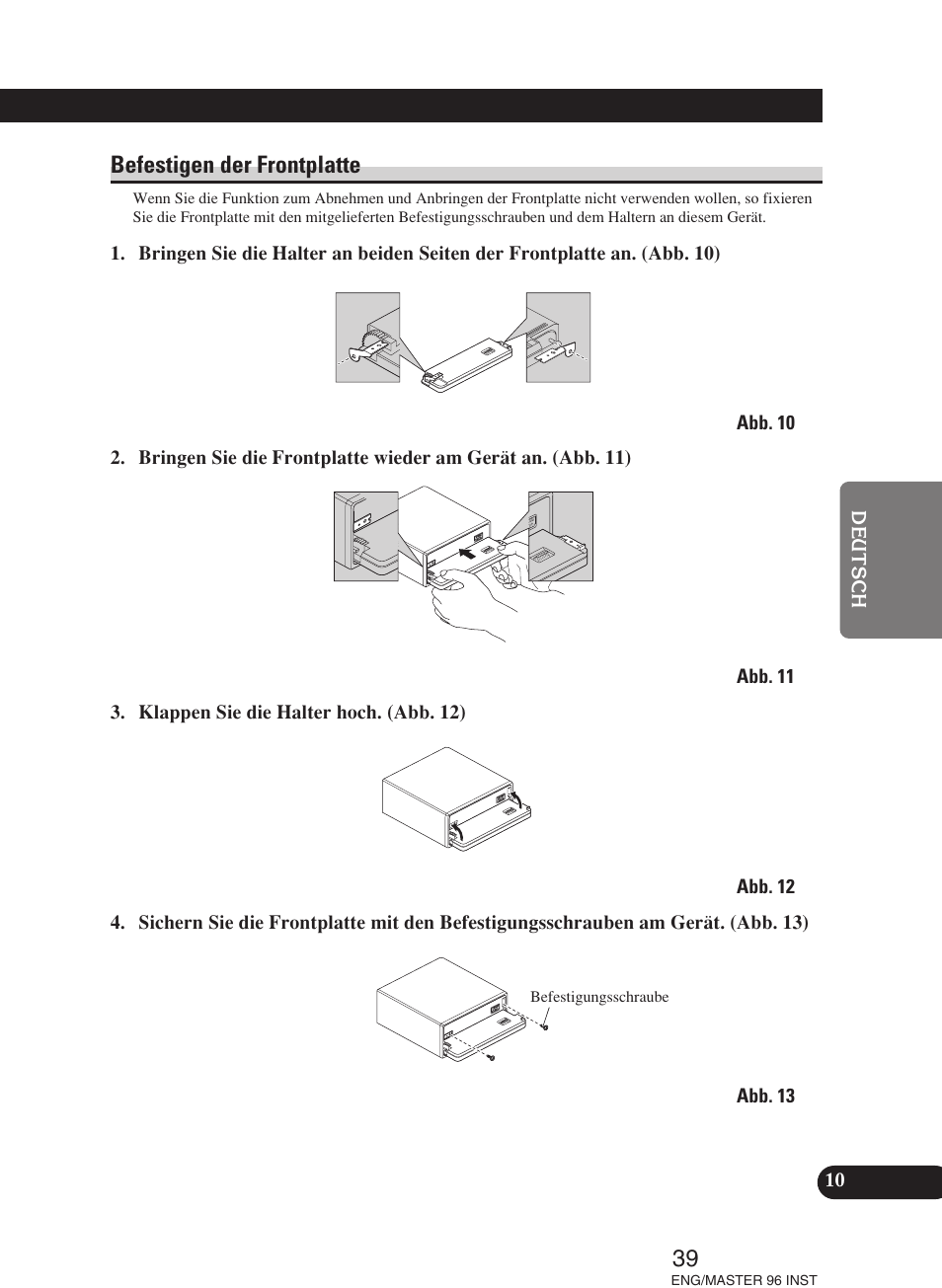 Befestigen der frontplatte | Pioneer DEH-P70BT User Manual | Page 39 / 86