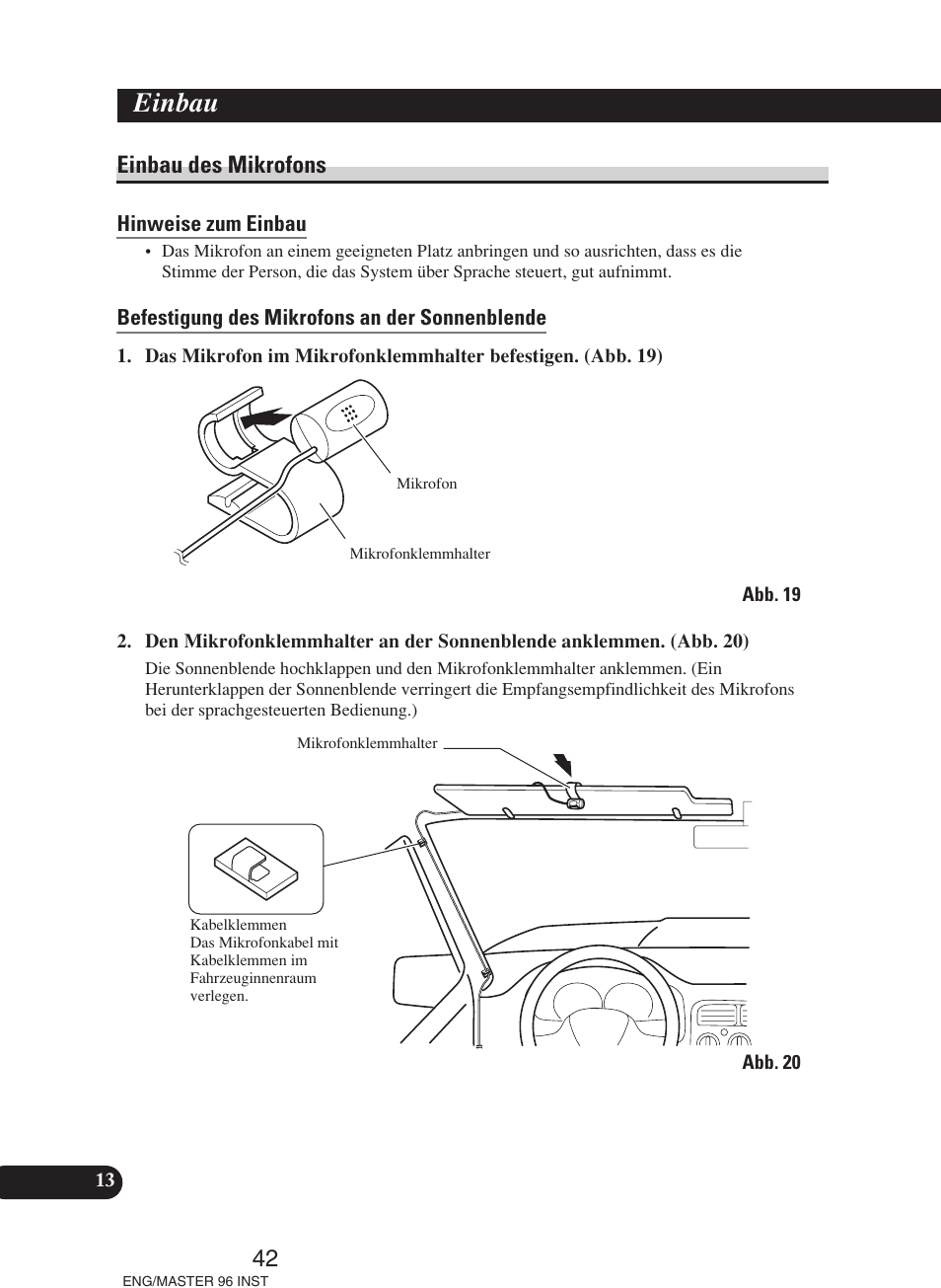 Einbau des mikrofons, Einbau | Pioneer DEH-P70BT User Manual | Page 42 / 86