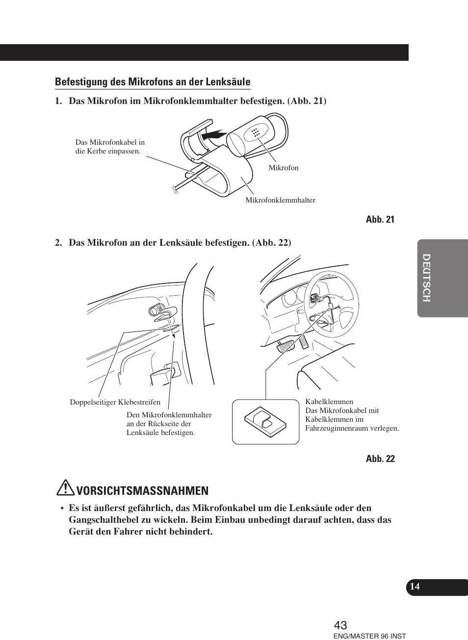 Vorsichtsmassnahmen | Pioneer DEH-P70BT User Manual | Page 43 / 86