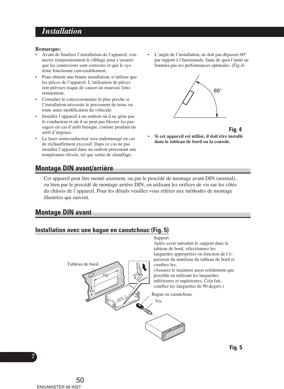 Installation, Montage din avant/arrière montage din avant, A title (english) | 50 montage din avant/arrière, Montage din avant, Installation avec une bague en caoutchouc (fig. 5) | Pioneer DEH-P70BT User Manual | Page 50 / 86