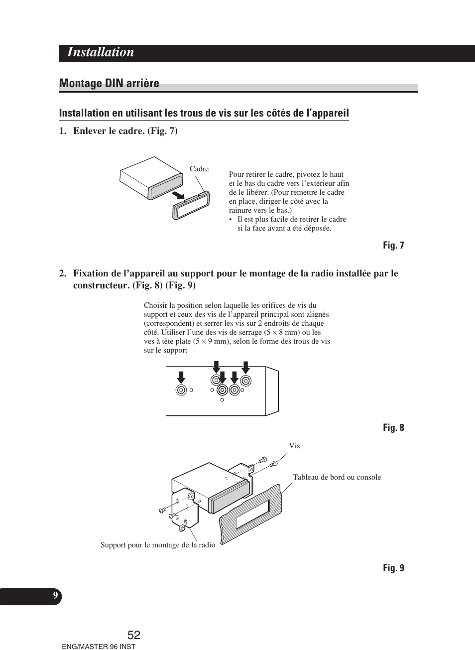 Montage din arrière, Installation | Pioneer DEH-P70BT User Manual | Page 52 / 86