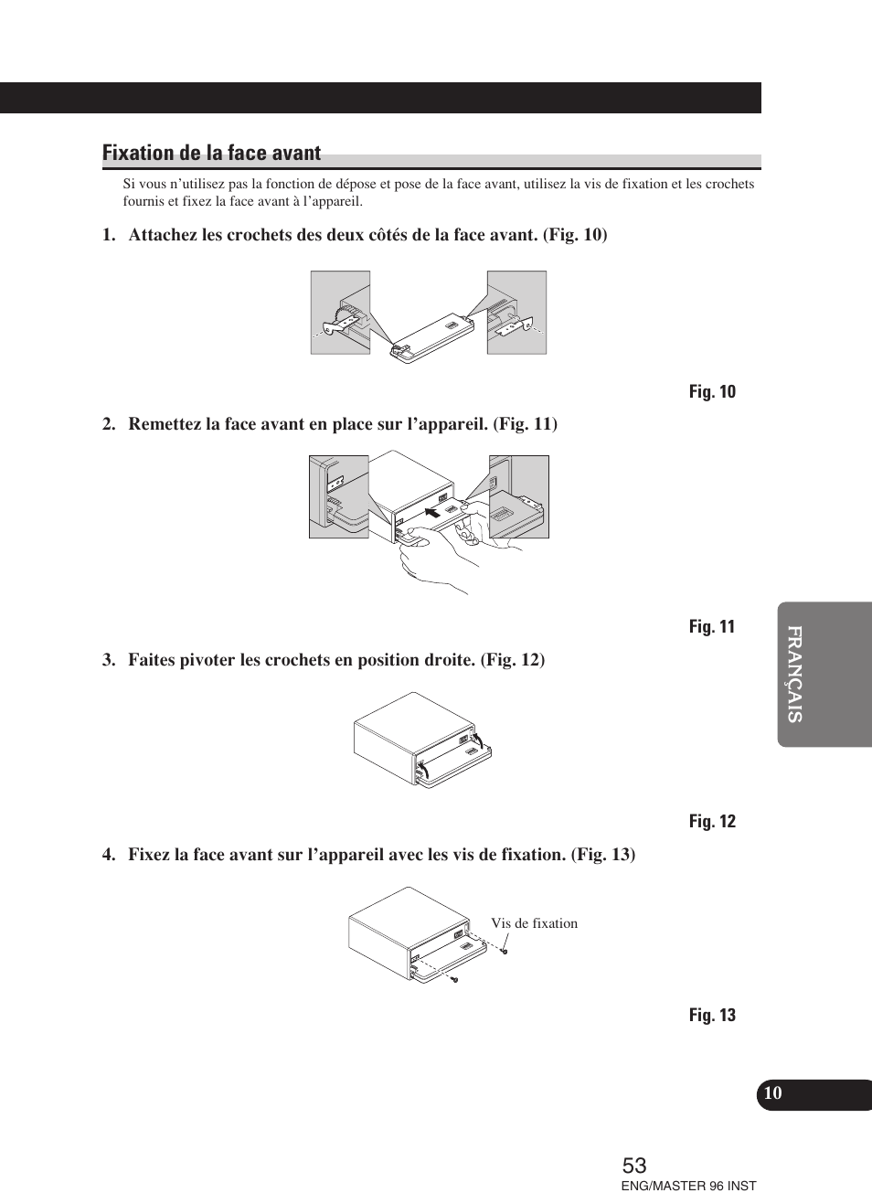 Fixation de la face avant | Pioneer DEH-P70BT User Manual | Page 53 / 86