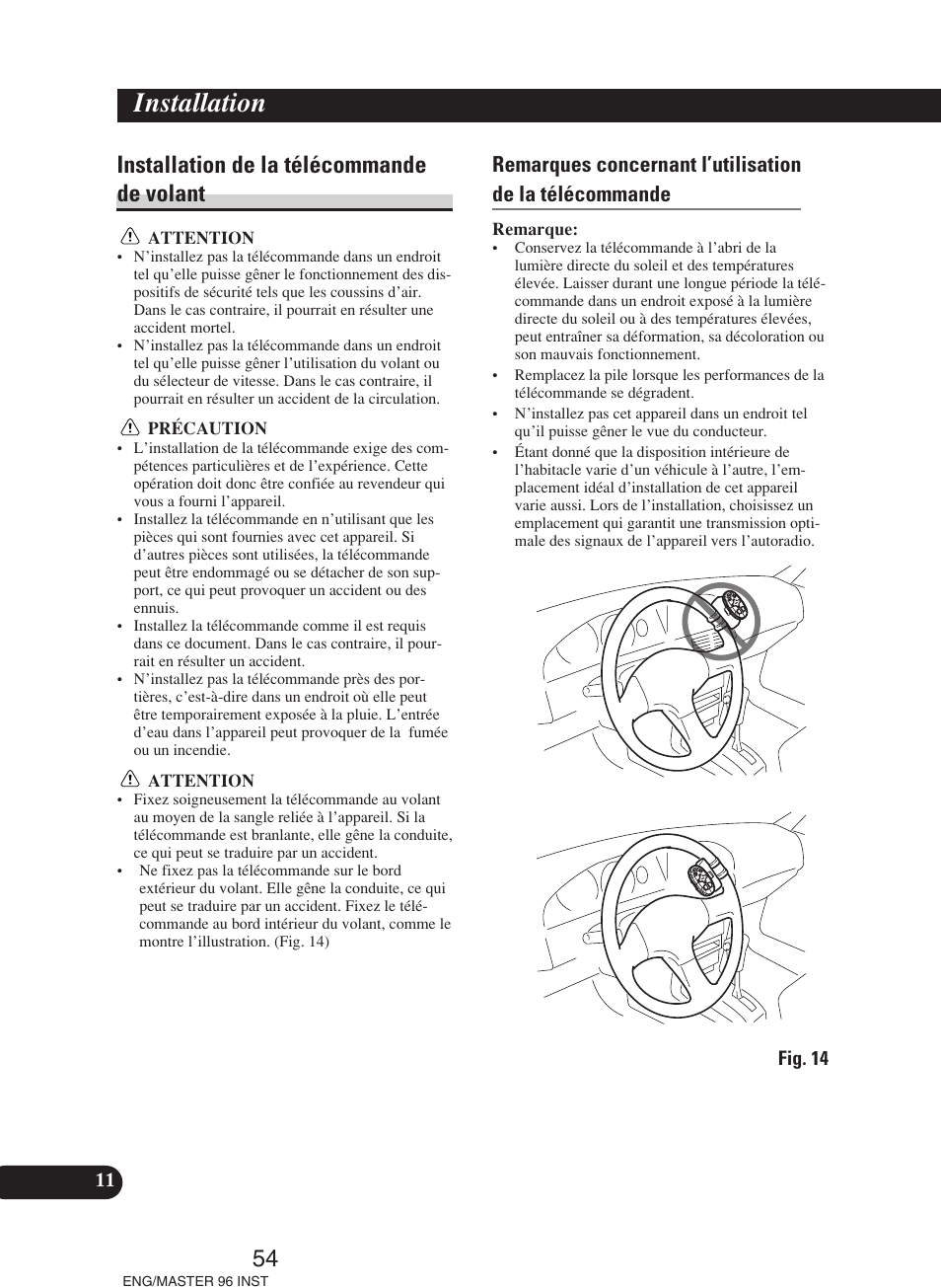 Installation de la télécommande de volant, Installation | Pioneer DEH-P70BT User Manual | Page 54 / 86