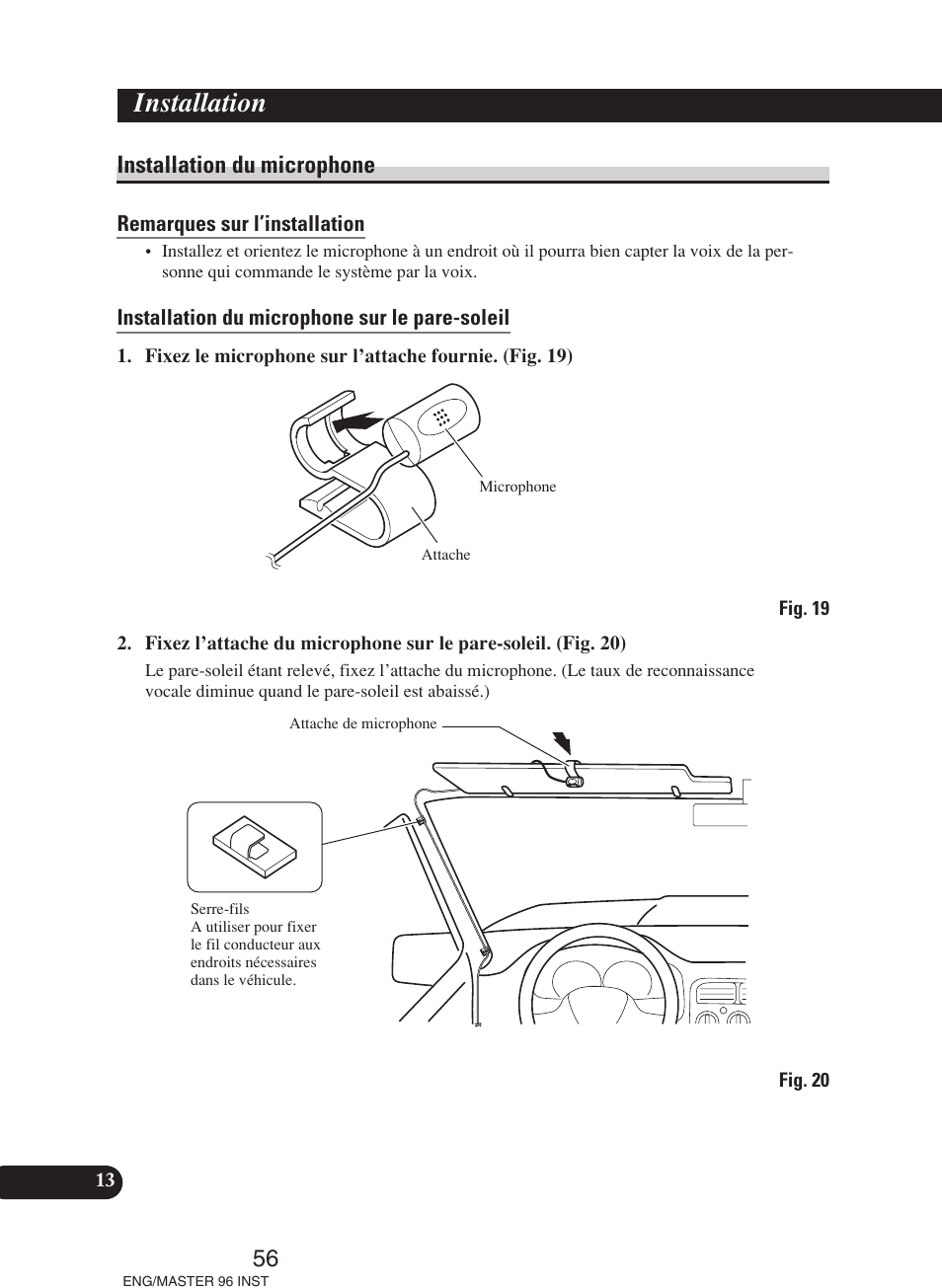 Installation du microphone, Installation | Pioneer DEH-P70BT User Manual | Page 56 / 86