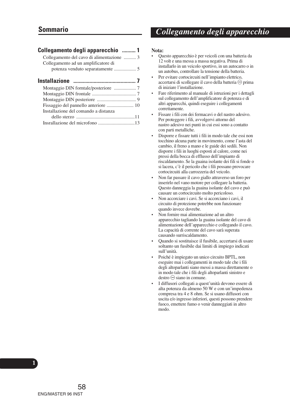 Italiano, Collegamento degli apparecchio, 58 sommario | Pioneer DEH-P70BT User Manual | Page 58 / 86