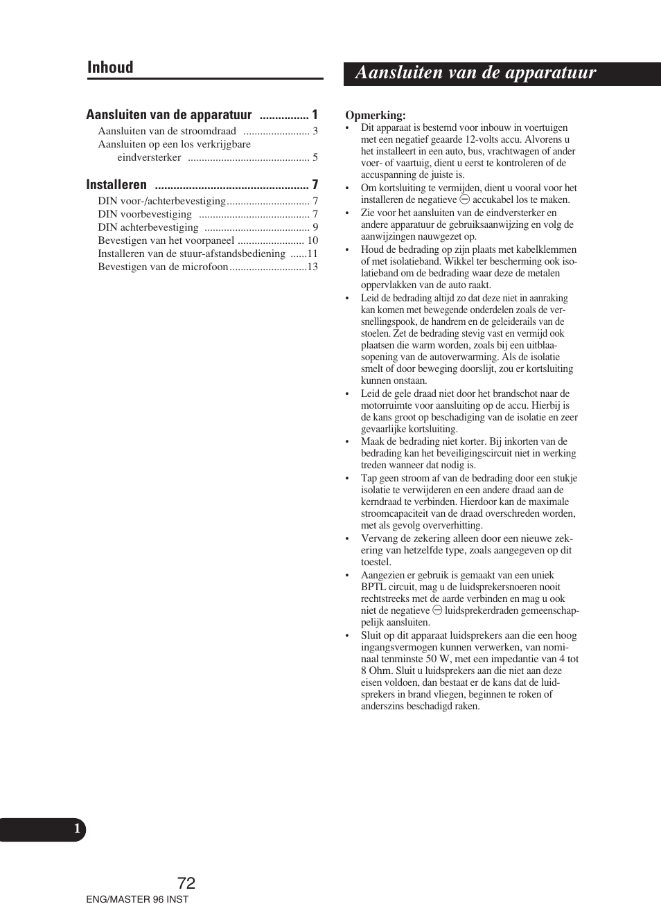 Nederlands, Aansluiten van de apparatuur, 72 inhoud | Pioneer DEH-P70BT User Manual | Page 72 / 86