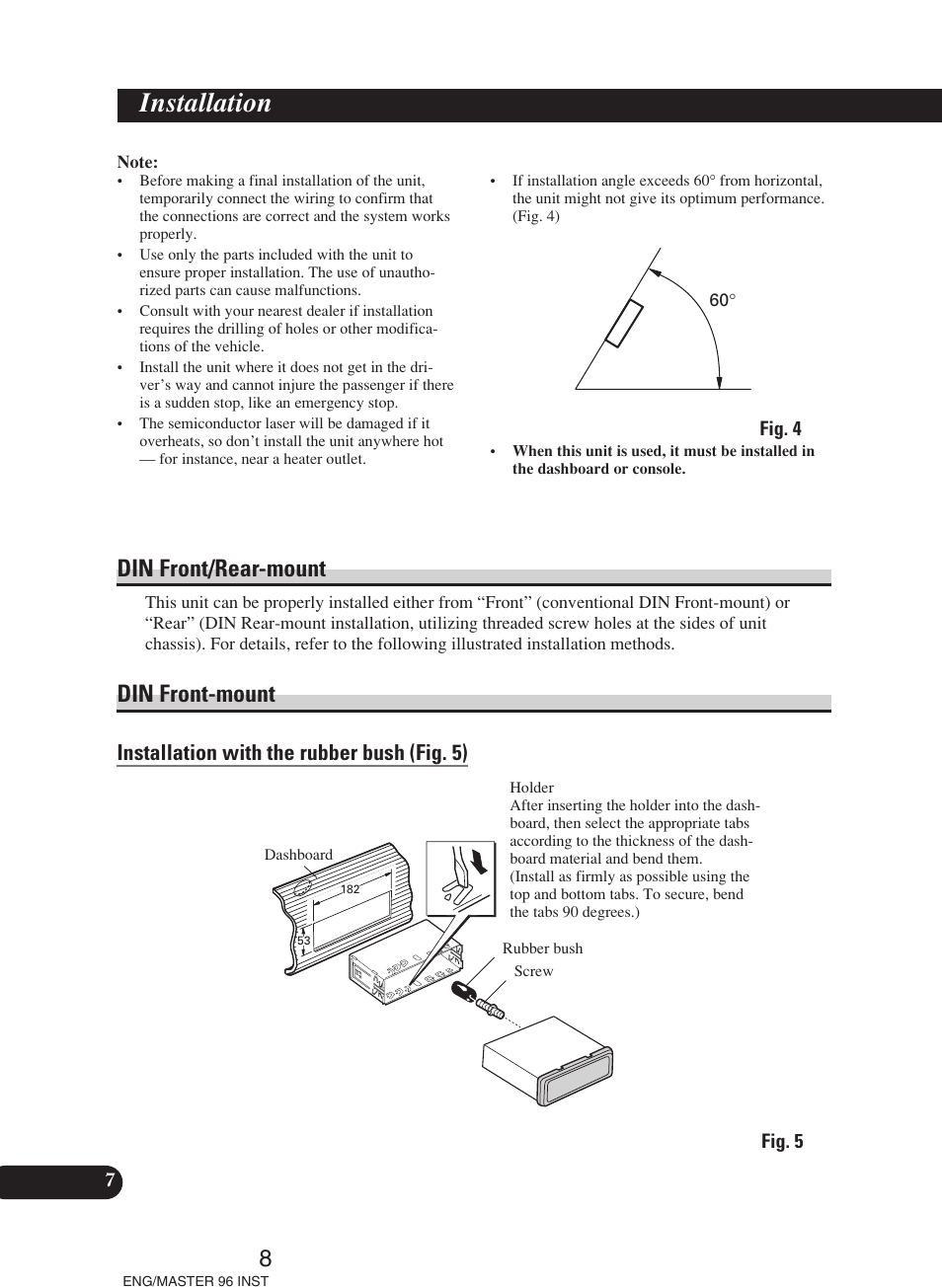 Installation, Din front/rear-mount din front-mount, A title (english) | 8din front/rear-mount, Din front-mount, Installation with the rubber bush (fig. 5) | Pioneer DEH-P70BT User Manual | Page 8 / 86