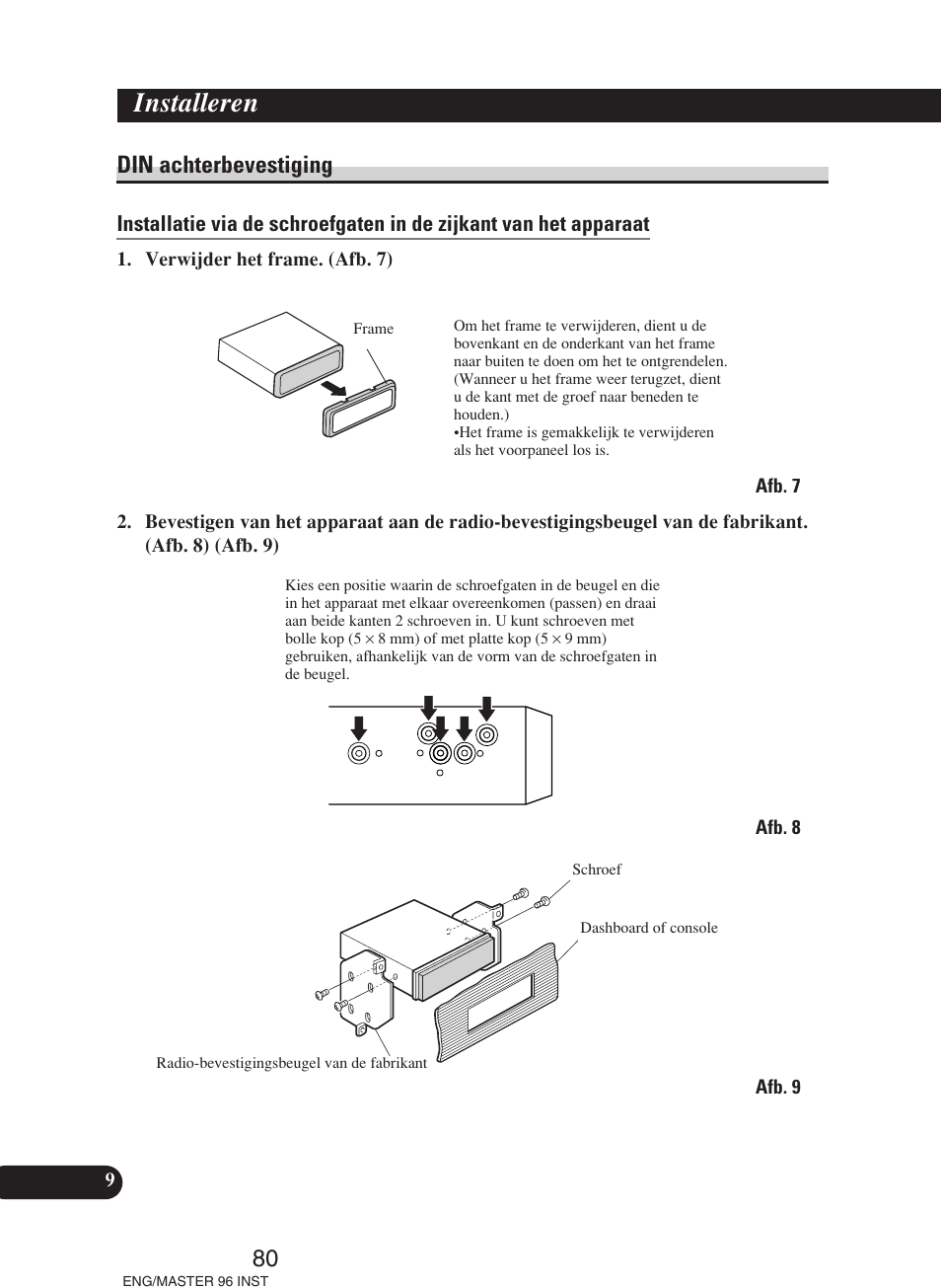 Din achterbevestiging, Installeren | Pioneer DEH-P70BT User Manual | Page 80 / 86