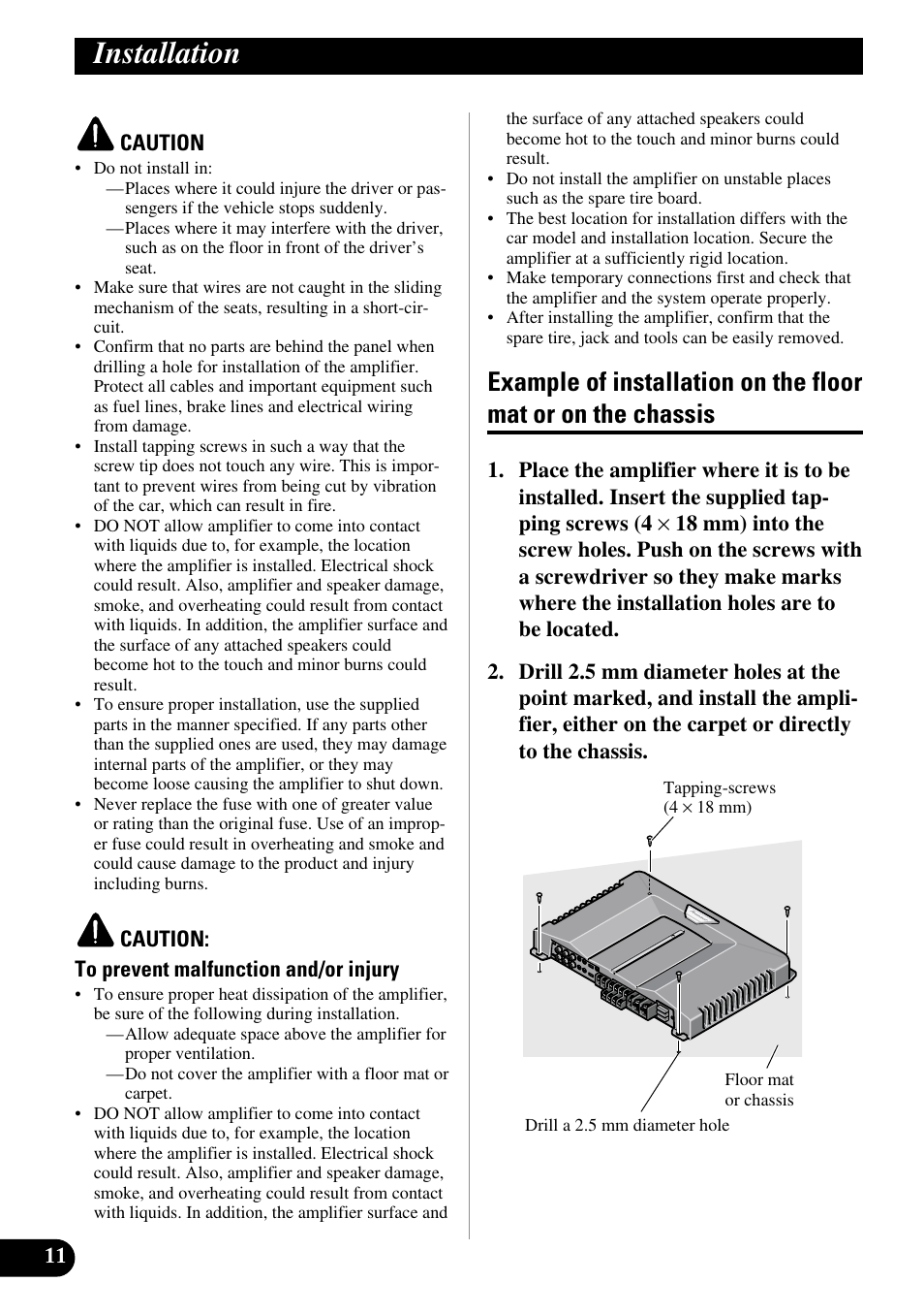 Installation, Example of installation on the floor mat, Or on the chassis | Pioneer GM-D515 User Manual | Page 12 / 74
