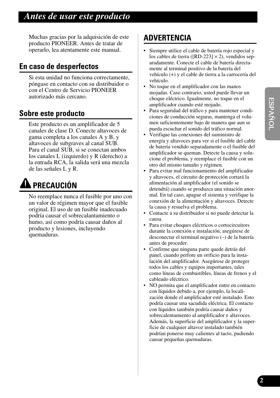 Antes de usar este producto, En caso de desperfectos, Sobre este producto | Precaución, Advertencia | Pioneer GM-D515 User Manual | Page 15 / 74