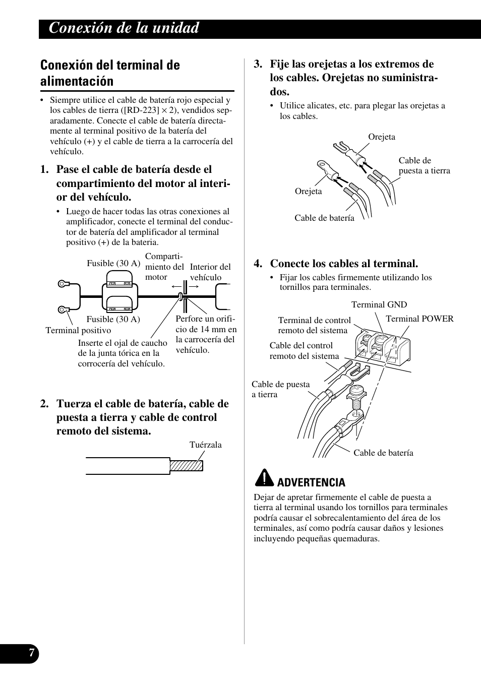 Conexión del terminal de alimentación, Conexión de la unidad | Pioneer GM-D515 User Manual | Page 20 / 74