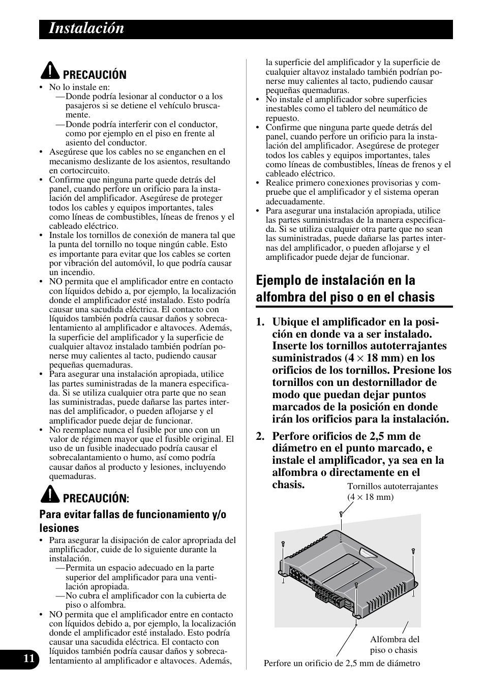 Instalación, Ejemplo de instalación en la alfombra del, Piso o en el chasis | Pioneer GM-D515 User Manual | Page 24 / 74