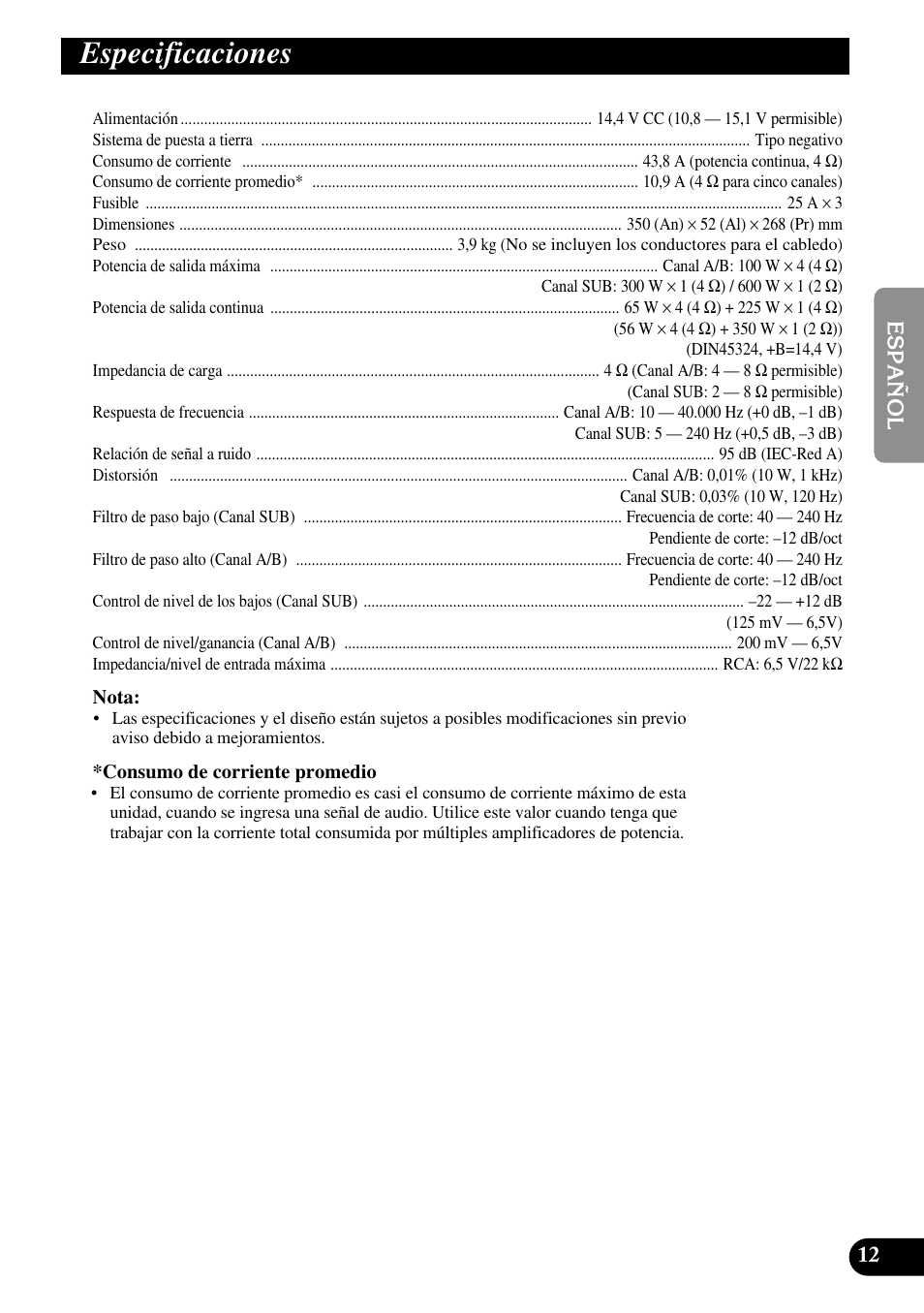 Especificaciones | Pioneer GM-D515 User Manual | Page 25 / 74