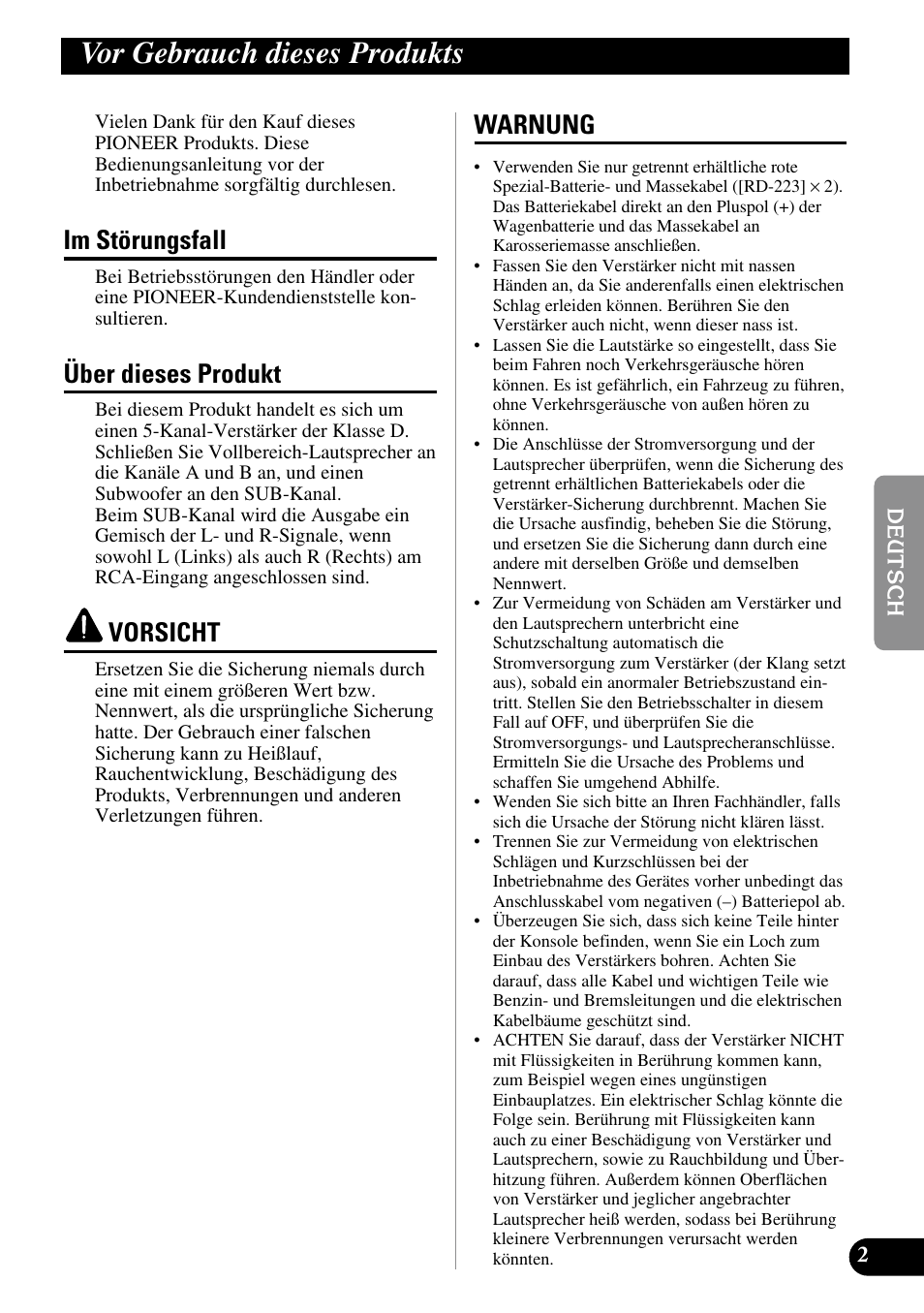 Vor gebrauch dieses produkts, Im störungsfall, Über dieses produkt | Vorsicht, Warnung | Pioneer GM-D515 User Manual | Page 27 / 74