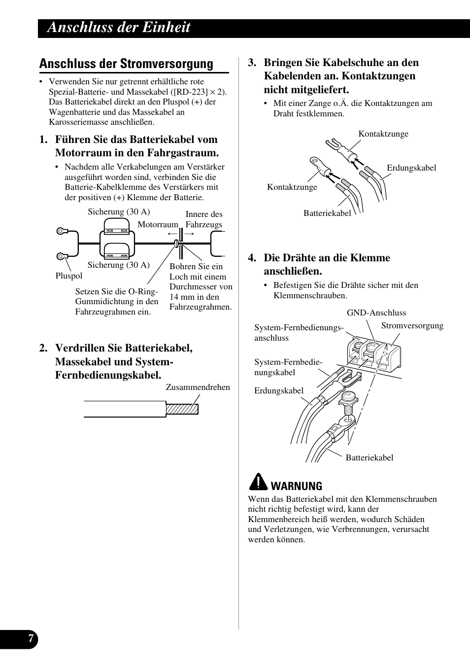 Anschluss der stromversorgung, Anschluss der einheit | Pioneer GM-D515 User Manual | Page 32 / 74