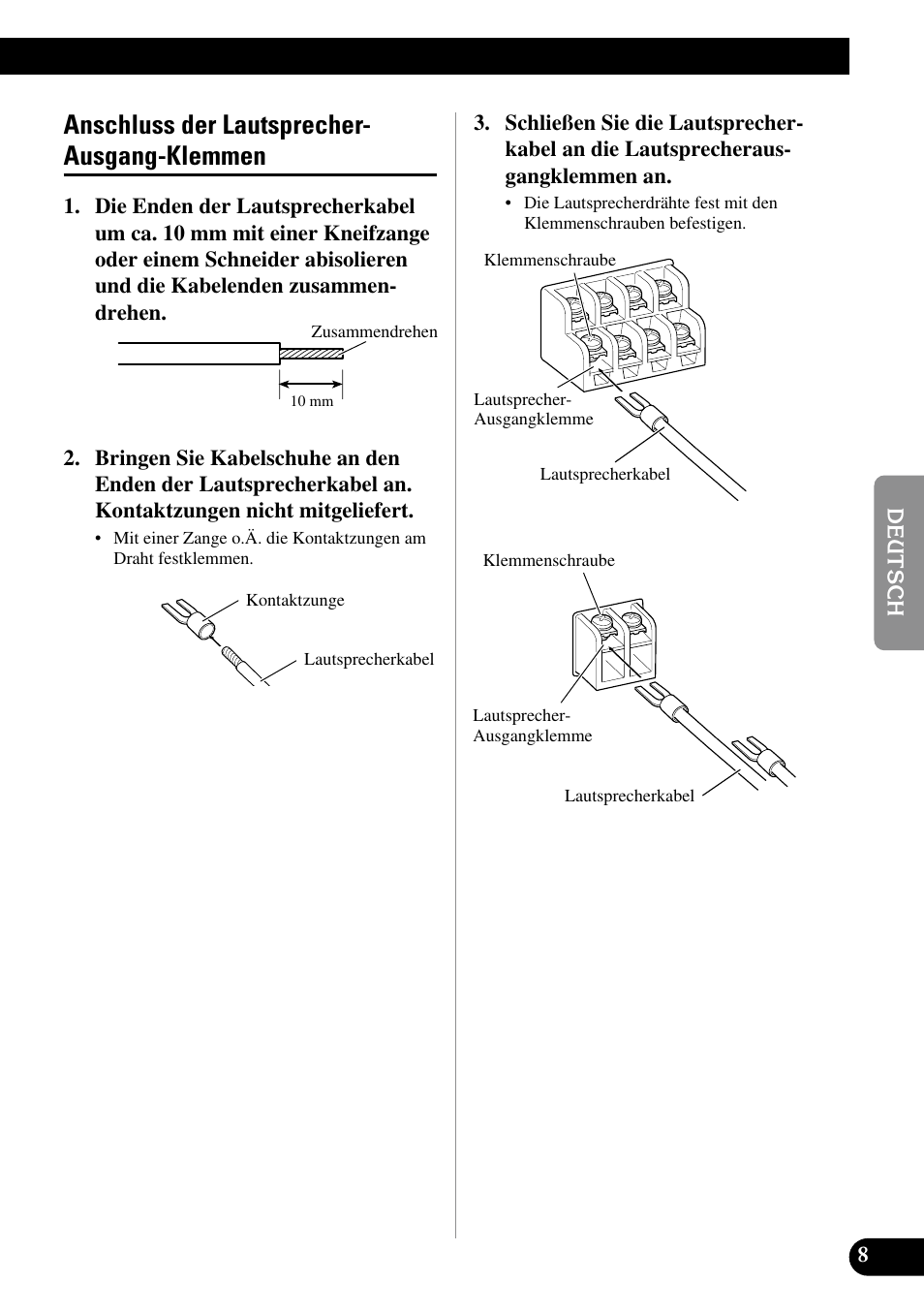 Anschluss der lautsprecher-ausgang, Klemmen, Anschluss der lautsprecher- ausgang-klemmen | Pioneer GM-D515 User Manual | Page 33 / 74