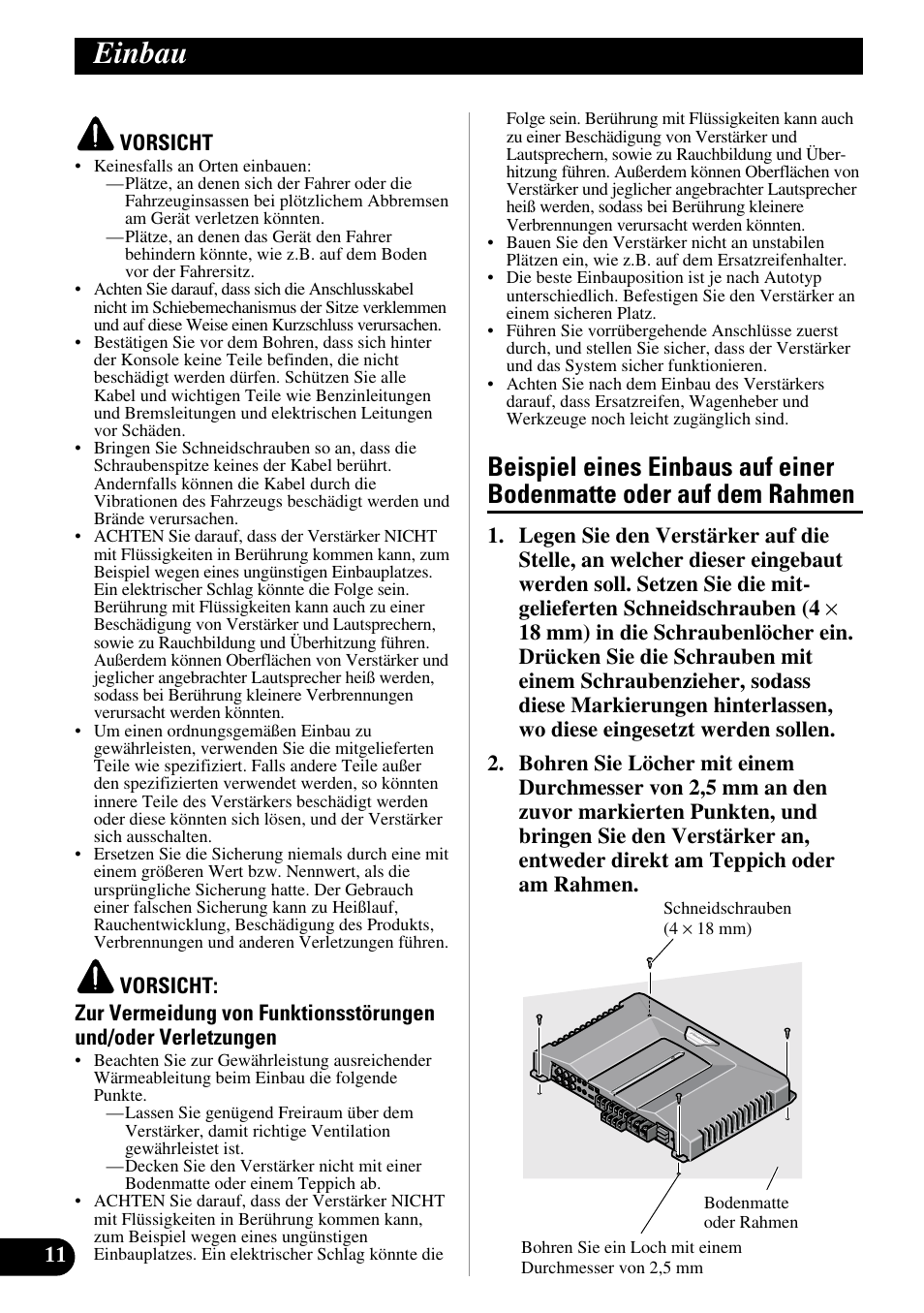 Einbau, Beispiel eines einbaus auf einer bodenmatte, Oder auf dem rahmen | Pioneer GM-D515 User Manual | Page 36 / 74