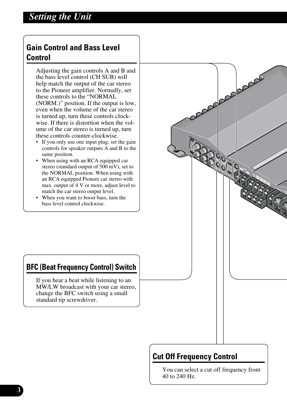 Setting the unit, Gain control and bass level control, Bfc (beat frequency control) switch | Cut off frequency control | Pioneer GM-D515 User Manual | Page 4 / 74