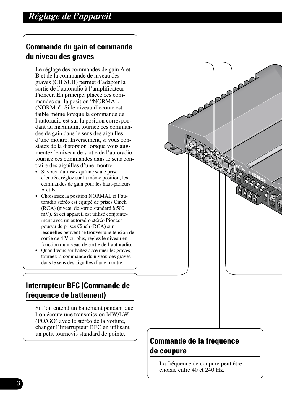 Réglage de l’appareil, Commande du gain et commande du, Niveau des graves | Interrupteur bfc (commande de fréquence, De battement), Commande de la fréquence, De coupure, Commande du gain et commande du niveau des graves, Commande de la fréquence de coupure | Pioneer GM-D515 User Manual | Page 40 / 74