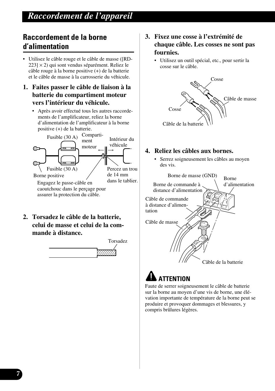 Raccordement de la borne d’alimentation, Raccordement de l’appareil | Pioneer GM-D515 User Manual | Page 44 / 74