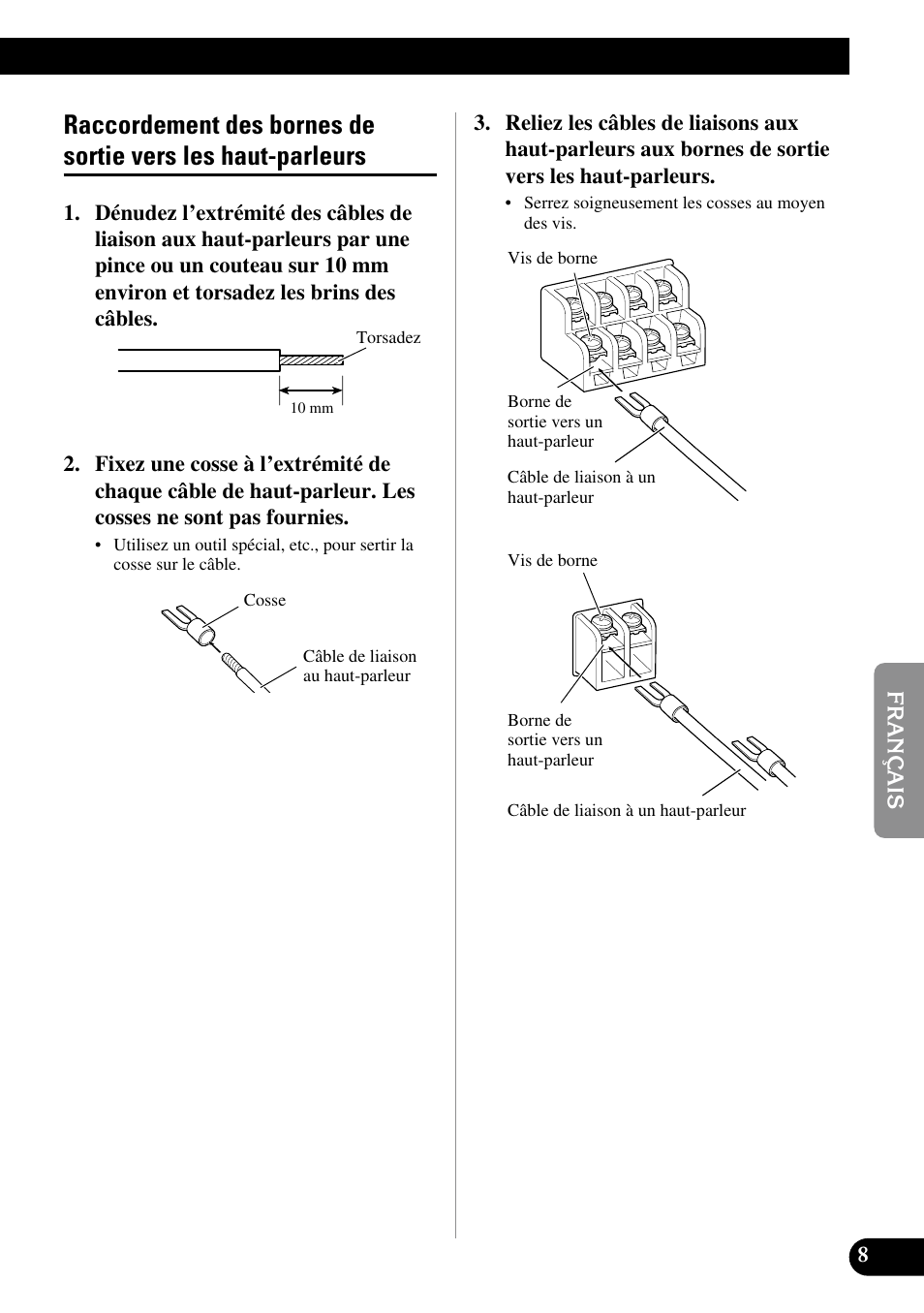 Raccordement des bornes de sortie vers, Les haut-parleurs | Pioneer GM-D515 User Manual | Page 45 / 74