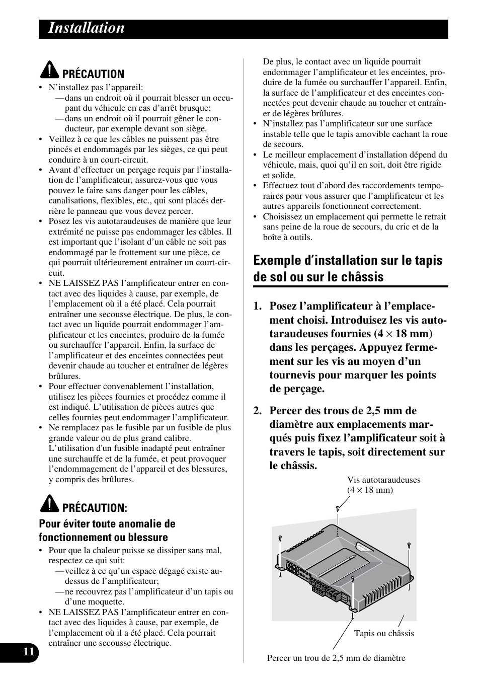 Installation, Exemple d’installation sur le tapis de sol ou, Sur le châssis | Pioneer GM-D515 User Manual | Page 48 / 74